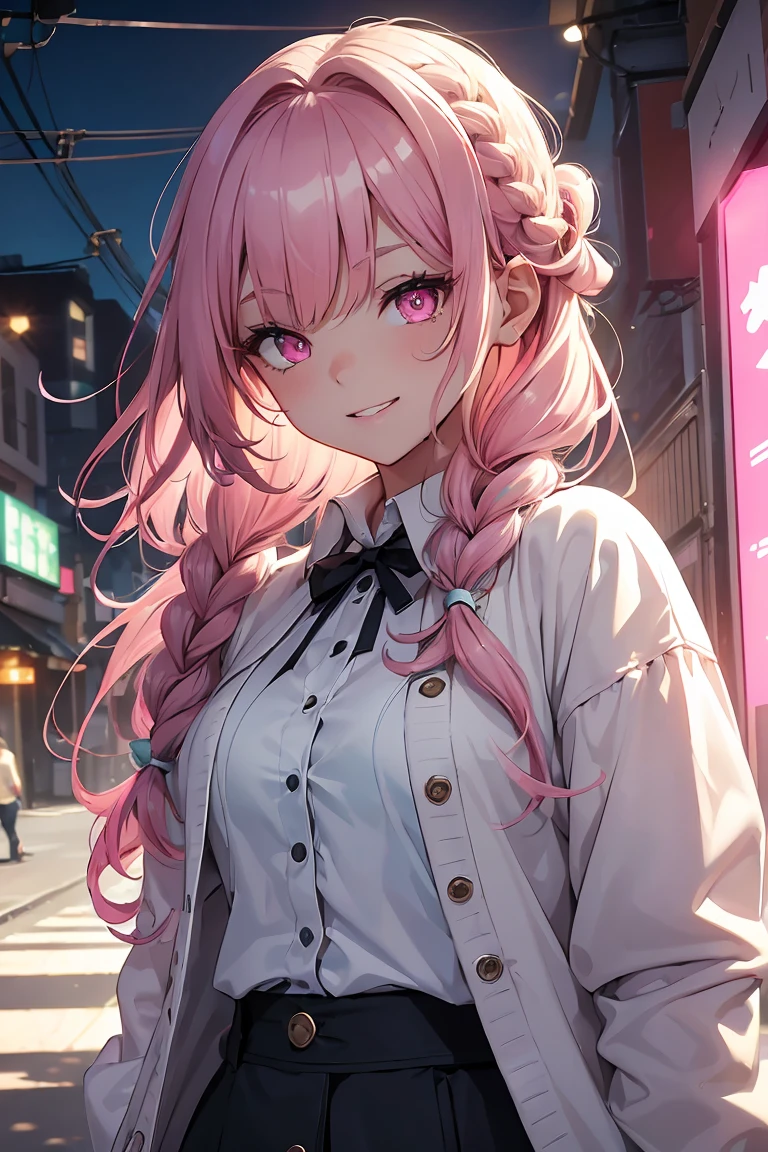 ((1 girl)), Trending clothes,Soft and fluffy, White Dress, cardigan,Street fashion,Cowboy Shot,((Very detailed,highest quality, High resolution, 8k wallpaper, Beautiful clothes,)),((Green Hair, Medium Hair, Loose Curly Hair, Braided hair)) (Bright Blue Eyes), (teeth), Grinning face, eye shadow, eyeliner,Glow Eye, Very detailedな目, Sharp eyes, Beautiful Eyes, ((Glowing pink eyes)),18-year-old girl.