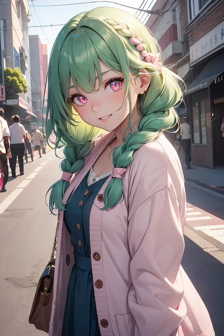((1 girl)), Trending clothes,Soft and fluffy, White Dress, cardigan,Street fashion,Cowboy Shot,((Very detailed,highest quality, High resolution, 8k wallpaper, Beautiful clothes,)),((Green Hair, Medium Hair, Loose Curly Hair, Braided hair)) (Bright Blue Eyes), (teeth), Grinning face, eye shadow, eyeliner,Glow Eye, Very detailedな目, Sharp eyes, Beautiful Eyes, ((Glowing pink eyes)),18-year-old girl.