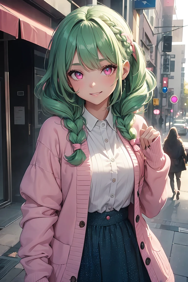 ((1 girl)), Trending clothes,Soft and fluffy, White Dress, cardigan,Street fashion,Cowboy Shot,((Very detailed,highest quality, High resolution, 8k wallpaper, Beautiful clothes,)),((Green Hair, Medium Hair, Loose Curly Hair, Braided hair)) (Bright Blue Eyes), (teeth), Grinning face, eye shadow, eyeliner,Glow Eye, Very detailedな目, Sharp eyes, Beautiful Eyes, ((Glowing pink eyes)),18-year-old girl.