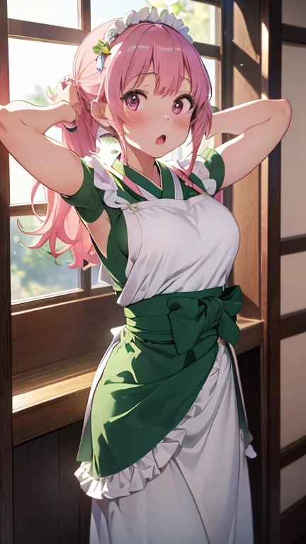 masterpiece、highest quality、Very detailed、Photograph the upper body、1 female、(Put your arms behind your back:1.4)、Are standing、Turn your body forward、View your viewers、(green Japanese kimono maid,White apron)、break,blush、shy、Pink Hair、Open your mouth、Japanese Restaurant、Big Breasts、