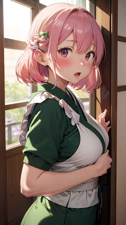 masterpiece、highest quality、Very detailed、Photograph the upper body、1 female、(Put your arms behind your back:1.4)、Are standing、Turn your body forward、View your viewers、(green Japanese kimono maid,White apron)、break,blush、shy、Pink Hair、Open your mouth、Japanese Restaurant、Big Breasts、
