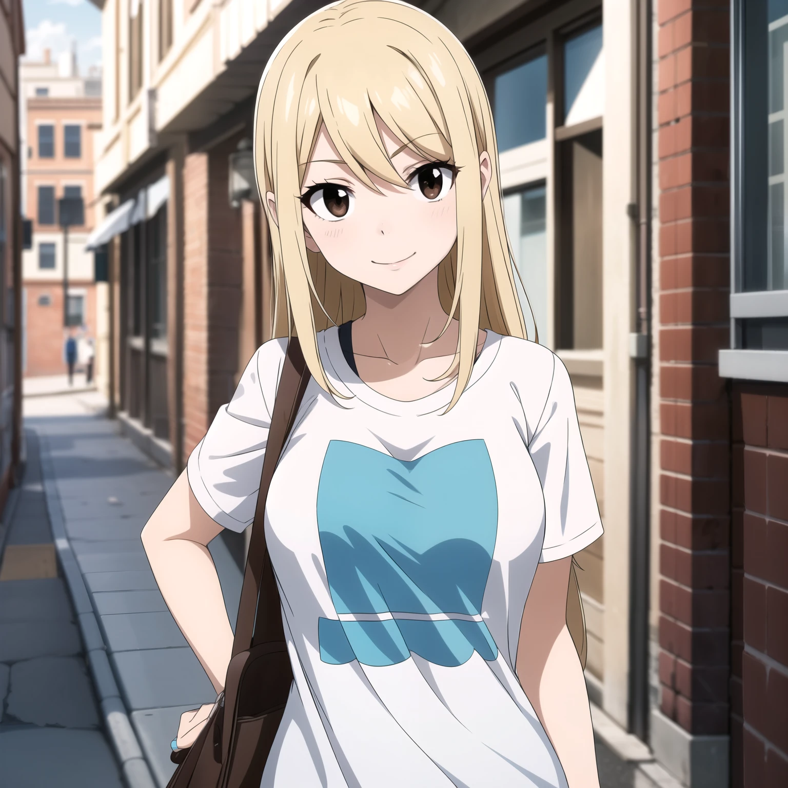 Lucy Heartfilia, mujer. cabello rubio, Brown eyes, pechos grandes, sonrisa coqueta, ropa urbana, camiseta escotada celeste, short mezclilla,  manos en la cabeza. a fondo una ciudad urbana. rubia, cabello rubio.