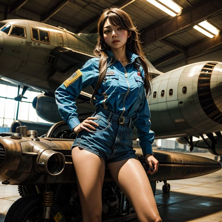 The story of one female aircraft mechanic。She is very attractive and beautiful。She is a beautiful woman who is so cute and sexy that it's hard to believe she's 32 years old.。I usually wear khaki green overalls at work.、Wearing brown leather boots, A narrow hangar with a low ceiling、((Right behind、A bright red reciprocating engine plane used for aerobatic flying is parked here.))。The aircraft is equipped with a single engine.、Equipped with a wooden propeller((It's a very beautiful mid-wing aircraft.。)), hot〜While saying、The girl took off her overalls from the top half.、The sleeves were wrapped around the waist.。Rui々Her beautiful skin and white tank top look very pretty.。A tight tank top accentuates her voluptuous cleavage。Tight abdominal muscles、You would never guess from her soft-looking breasts., When you notice this、He smiled at me while holding the wrench., Her sweat makes her sex appeal stand out even more., I was fascinated by the beautiful aircraft and the attractive women.。, Did you do any engine maintenance?、on her upper body、There is oil from the aircraft here and there.。, Did he think I was looking at his chest?、He looks at me with a slightly grinning expression.。, Her chest is certainly captivating、It seems that there is a big misunderstanding.。, Even when she teases, her appearance is somehow seductive, so it's no wonder that everyone is captivated by her.。, Dynamic perspective,