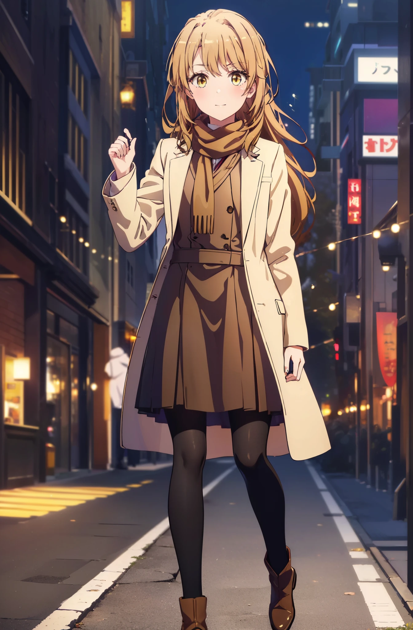 irohaisshiki, Isshiki Iroha, Long Hair, Brown Hair, (Brown eyes:1.5), smile,blush,Yellow long coat,sweater,Red scarf,Black long skirt,Black pantyhose,short boots,walking,winter,it's snowing,whole bodyがイラストに入るように,
break outdoor, In town,Building district,crowd, people々々, break looking at viewer, whole body, break (masterpiece:1.2), highest quality, High resolution, unity 8k wallpaper, (shape:0.8), (Fine and beautiful eyes:1.6), Highly detailed face, Perfect lighting, Highly detailed CG, (Perfect hands, Perfect Anatomy),