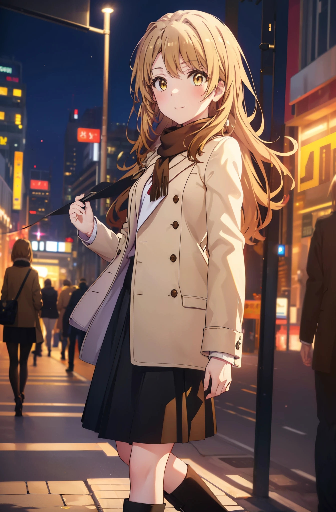 irohaisshiki, Isshiki Iroha, Long Hair, Brown Hair, (Brown eyes:1.5), smile,blush,Yellow long coat,sweater,Red scarf,Black long skirt,Black pantyhose,short boots,walking,winter,it&#39;s snowing,whole bodyがイラストに入るように,
break outdoor, In town,Building district,crowd, people々々, 　　　　break looking at viewer, whole body, 　　　　　　　　　break (masterpiece:1.2), highest quality, High resolution, unity 8k wallpaper, (shape:0.8), (Fine and beautiful eyes:1.6), Highly detailed face, Perfect lighting, Highly detailed CG, (Perfect hands, Perfect Anatomy),