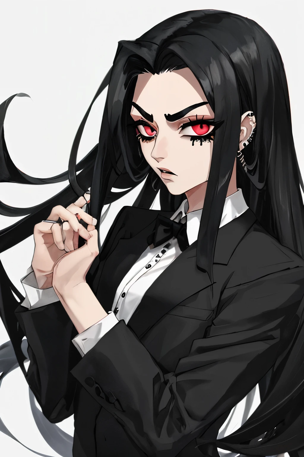 mobster, long black hair with elastic, eyebrow piercing