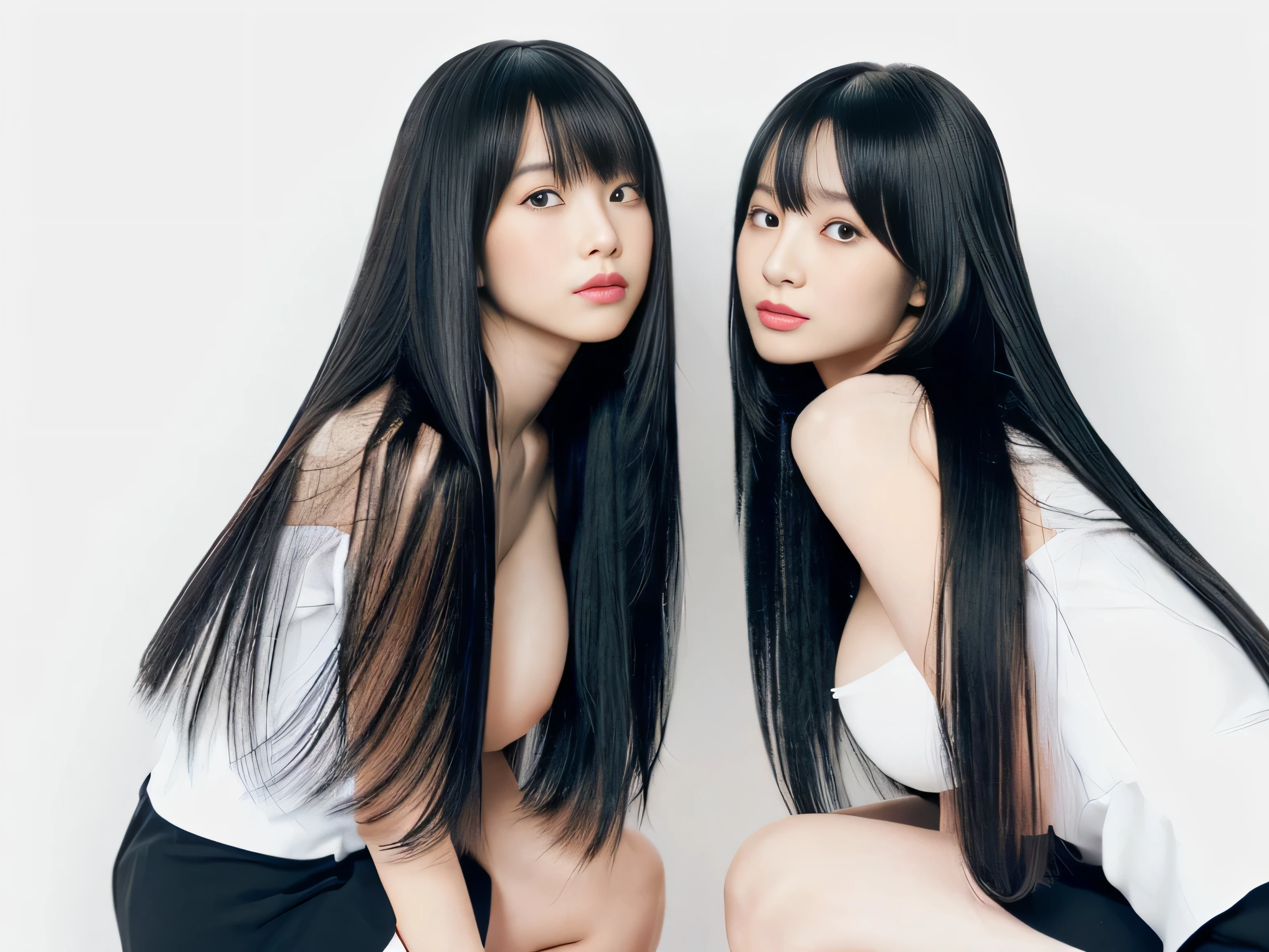 (Two clone twin hair models photographed from the waist up in the same space) 　((Both girls kneel randomly, exposing as much of their hair as possible to the viewer.:1.6))　(They are the same clone)　((The two of them try to show off as much hair as possible,))　((Beautiful 18-year-old model with long black hair, girl with super length Hair, extremely length Hair, extra length Hair, very long, Flowing Hair, very length Hair, length Hair girl, very long, Flowing black hair, length Hair windy, Very long black hair, length, Flowing Hair,Incredibly long-lasting hair, length Hair!!!!　Her highest quality hair is long and straight., very long, highest quality black hair, length hair in the center, Highest quality long straight hair, length, straight, beautiful, High quality hair, length and free black highest quality straight hair, length Hair, length and straight, highest quality black hair, Perfect silky straight hair of the highest quality, straight, highest quality black hair, length black straight hair, length, Thin black hair　Her hair is long and straight, very long black hair, length hair in the center, length straight hair, length, straight, beautiful hair of the highest quality, length Hair, length, straight black hair, length and free straight black hair, straight black hair))　(Her bangs are perfect.:1.3)　(Pure white wall background:1.8)　(Japan&#39;s most sexy and beautiful 24-year-old beauty model)　(She looks at the viewer with a very seductive expression...)　((highest quality)), ((masterpiece)), (Familiar)　(Get used to it)　Perfect Face　　(Her skin is a typical Japanese skin color....、And very detailed)　　(Big Breasts:1.3)　(She has a beautiful face and a typical Japanese figure...., Narrow eyes)　(She has perfect beautiful makeup and face　Lipstick is light red　A solid eyeliner)　((Rich 1.4))　(Extremely detailed 8K)　(Ultra-fine skin texture 1.4)　(Actual, Vibrant:1.4), double eyelid　Sharp focus:1.2、Beautiful woman:1.4　Dynamic Lighting　(Genuine RAW photos taken by professional photographers)　　Professional Hair Shine.　(She has a bright and cheerful face)　　(((途方もなくlengthBlack hair 1.3)))　(length, Shiny black hair, その女性はlengthBlack hairをしている, lengthBlack hair, Waist-length hair, very lengthBlack hair, thick shining black hair, black silky hair, length and shiny hair, lengthBlack hair, length, Flat Hair　Ridiculously long hair, Black shiny hair, Very shiny, Abnormally long hair, 厚く輝く異常にlengthBlack hair,Jet black silky hair　Her hair is とてもlength and straight　length, Voluminous black hair that reaches down to her ankles　unusually long black hair, unusually long black hair, Very long black hair)　(Her face is slim and dignified.., length, Narrow eyes..々Nice face)　(They&#39;re both wearing the same white lingerie:1.5)