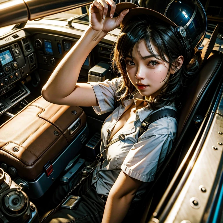 The story of one female aircraft mechanic。She is very attractive and beautiful。She is a beautiful woman who is so cute and sexy that it's hard to believe she's 32 years old.。I usually wear khaki green overalls at work.、Wearing brown leather boots, A narrow hangar with a low ceiling、((Right behind、A bright red reciprocating engine plane used for aerobatic flying is parked here.))。The aircraft is equipped with a single engine.、Equipped with a wooden propeller((It's a very beautiful mid-wing aircraft.。)), hot〜While saying、The girl took off her overalls from the top half.、The sleeves were wrapped around the waist.。Rui々Her beautiful skin and white tank top look very pretty.。A tight tank top accentuates her voluptuous cleavage。Tight abdominal muscles、You would never guess from her soft-looking breasts., When you notice this、He smiled at me while holding the wrench., Her sweat makes her sex appeal stand out even more., I was fascinated by the beautiful aircraft and the attractive women.。, Did you do any engine maintenance?、on her upper body、There is oil from the aircraft here and there.。, Did he think I was looking at his chest?、He looks at me with a slightly grinning expression.。, Her chest is certainly captivating、It seems that there is a big misunderstanding.。, Even when she teases, her appearance is somehow seductive, so it's no wonder that everyone is captivated by her.。, Dynamic perspective,