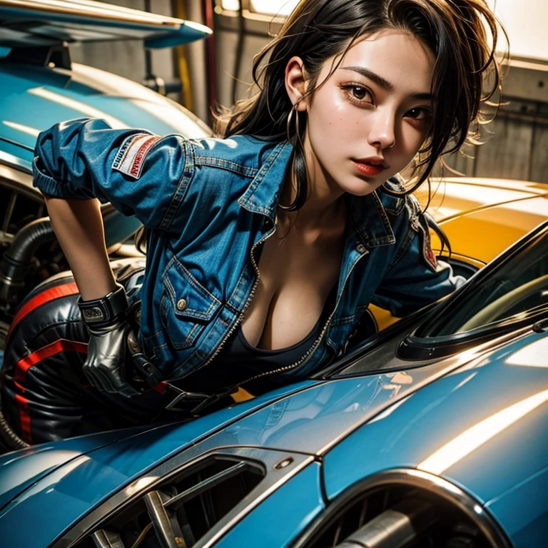 The story of one female aircraft mechanic。She is very attractive and beautiful。She is a beautiful woman who is so cute and y that it's hard to believe she's 32 years old.。I usually wear khaki green overalls at work.、Wearing brown leather boots, A narrow hangar with a low ceiling、((Right behind、A bright red reciprocating engine plane used for aerobatic flying is parked here.))。The aircraft is equipped with a single engine.、Equipped with a wooden propeller((It's a very beautiful mid-wing aircraft.。)), hot〜While saying、The girl took off her overalls from the top half.、The sleeves were wrapped around the waist.。Rui々Her beautiful skin and white tank top look very pretty.。A tight tank top accentuates her voluptuous cleght abdominal muscles、You would never guess from her soft-looking breasts., W notice this、He smiled at me while holding the wrench., Her sweat makes her sex appeal stand oeven more., I was fascinated by the beautiful aircraft and the attractive women.。, Did you do any engine maintenance?、on her upper body、There is oil from the aircraft here and there.。, Did he think I was looking at his chest?、He looks at me with a slightly grinning expression.。, Her chest is certainly captivating、It seems that there is a big misunderstanding.。, Even when she teases, her appearance is somehow seductive, so it's no wonder that everyone is captivated by her.。, Dynamic perspective,