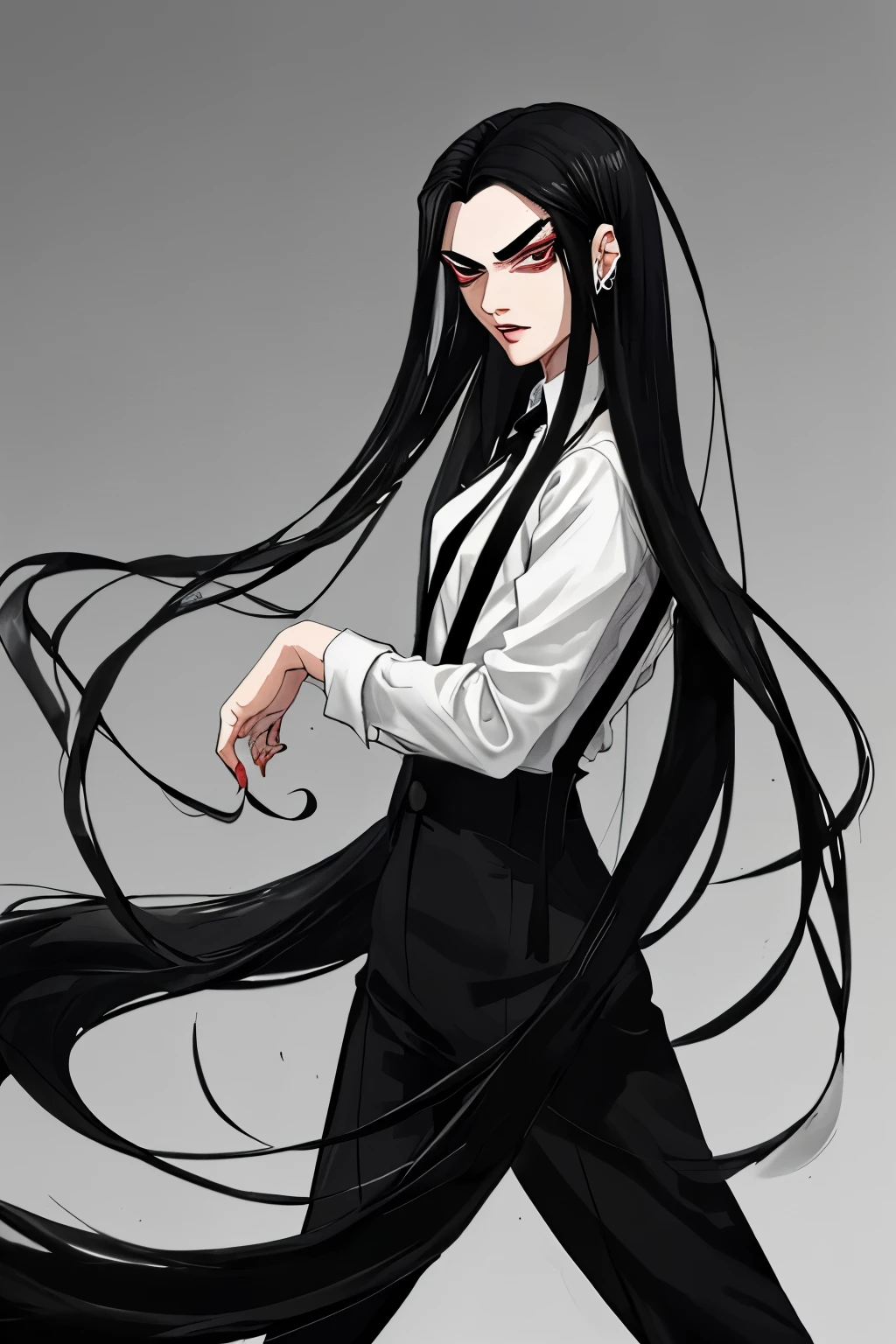 mobster, long black hair with elastic, eyebrow piercing