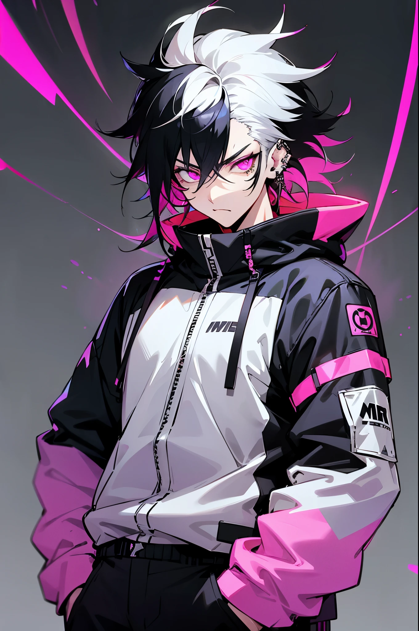 Anime male, black and white hair, fluffy hair, neon pink eyes, cyberpunk clothes, black and white clothes, piercings, cyberpunk mark,arms in pockets, serious face, upperbody