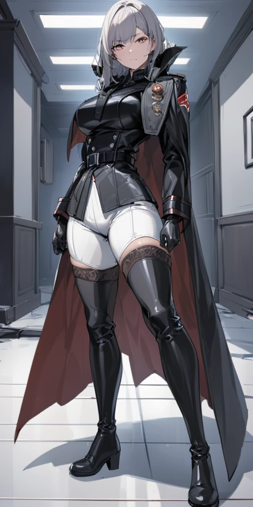 Mature female, adult, milf, mature, 30 years old, woman ((solo)),(1girl),standing, full body, authority, leather outfit, dominant, (muscular), long sleeves, black gloves, double-breasted, (black knee-high boots:1.4), (white pants:1.2),devious, seductive, evil, confident, belt, cape, standing, bedroom, military uniform, looking at viewer, from below, clean floor, empty room, large windows, guard, warden, queen, commander (smirk:0.33) tall, deadpan