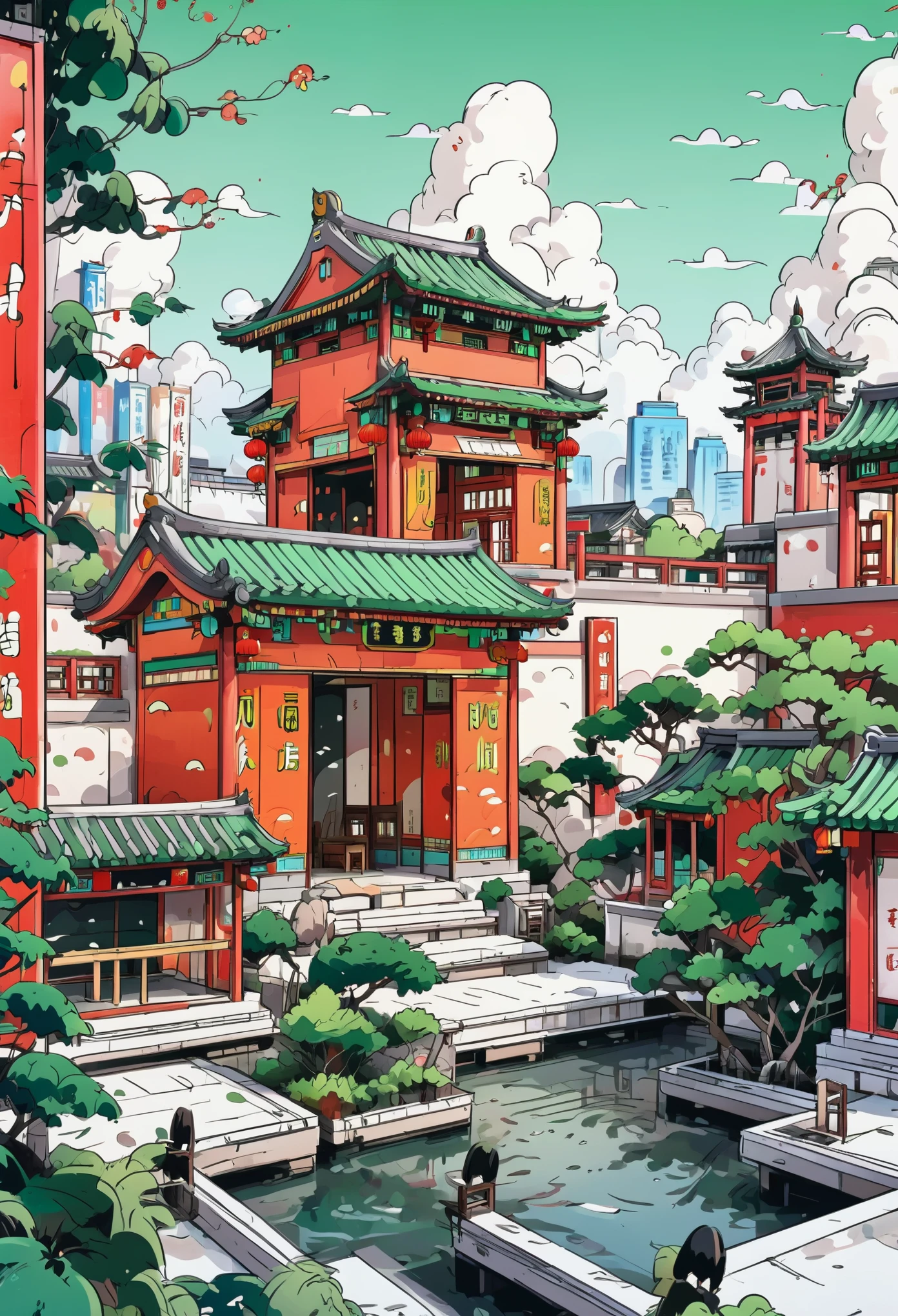 MiyazakiHayao style, a tall red and green temple in the background with white clouds, surrounded by traditional chinese buildings and colorful characters, vibrant colors, cartoon style, highly detailed, ultra-high resolutions, 32K UHD, masterpiece, best quality