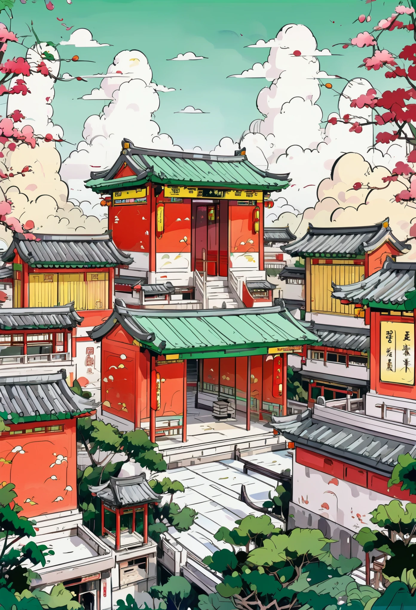 MiyazakiHayao style, a tall red and green temple in the background with white clouds, surrounded by traditional chinese buildings and colorful characters, vibrant colors, cartoon style, highly detailed, ultra-high resolutions, 32K UHD, masterpiece, best quality