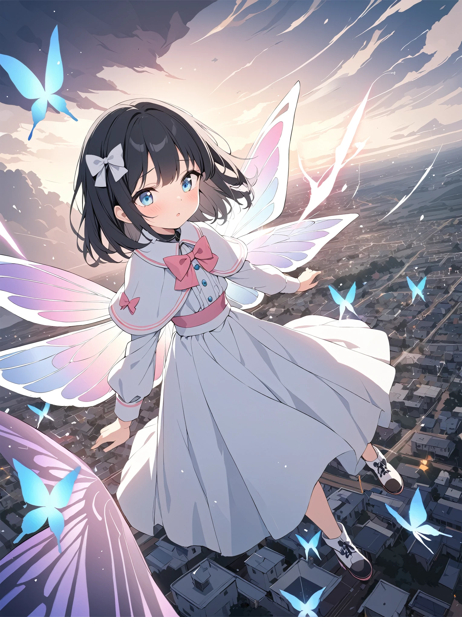 best quality, masterpiece, ultra resolution, super details, anatomically correct, full body, 1 girl, solo, :1.2), (black hair:1.2), high quality eyes, high quality hands, clear blue eyes, (medium hair), white dress, (white caplet:1.3), (large collar bow:1.5), long sleeves, wide cuffs, pink wide waist belt, (long skirt:1.3), (soft ankle boots:1.2), (huge colourful butterfly wings:1.5), (wings of light:1.3), protesting in storm, flying above a town, visible cyclone wind, high quality background, detailed background, depth of field, dynamic angle