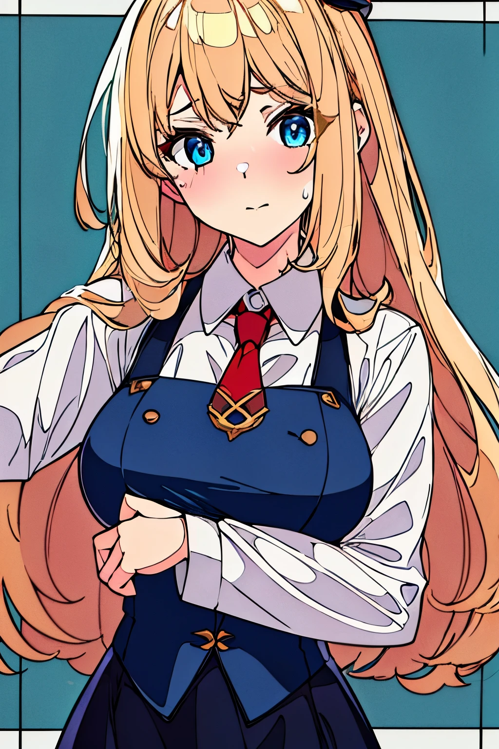((Tabletop, highest quality, High resolution, Perfect Pixel, Depth of written boundary, 4K)), Wall of Glory, One girl, (Amelia Watson:1.0), Blonde, blue eyes, monocle hair ornament,Detective, Collared shirt, White shirt, Red tie, Large Breasts, cf, View your viewers, Sweat, Drunk Eyes, Cry a lot,
