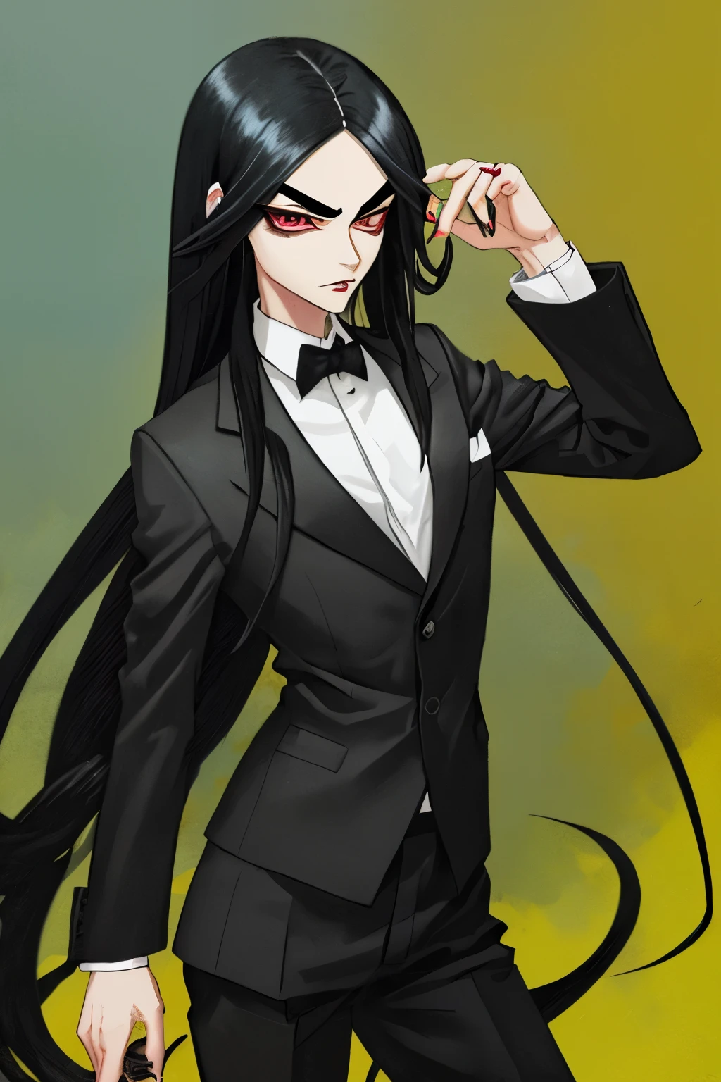 mobster, long black hair with elastic, eyebrow piercing