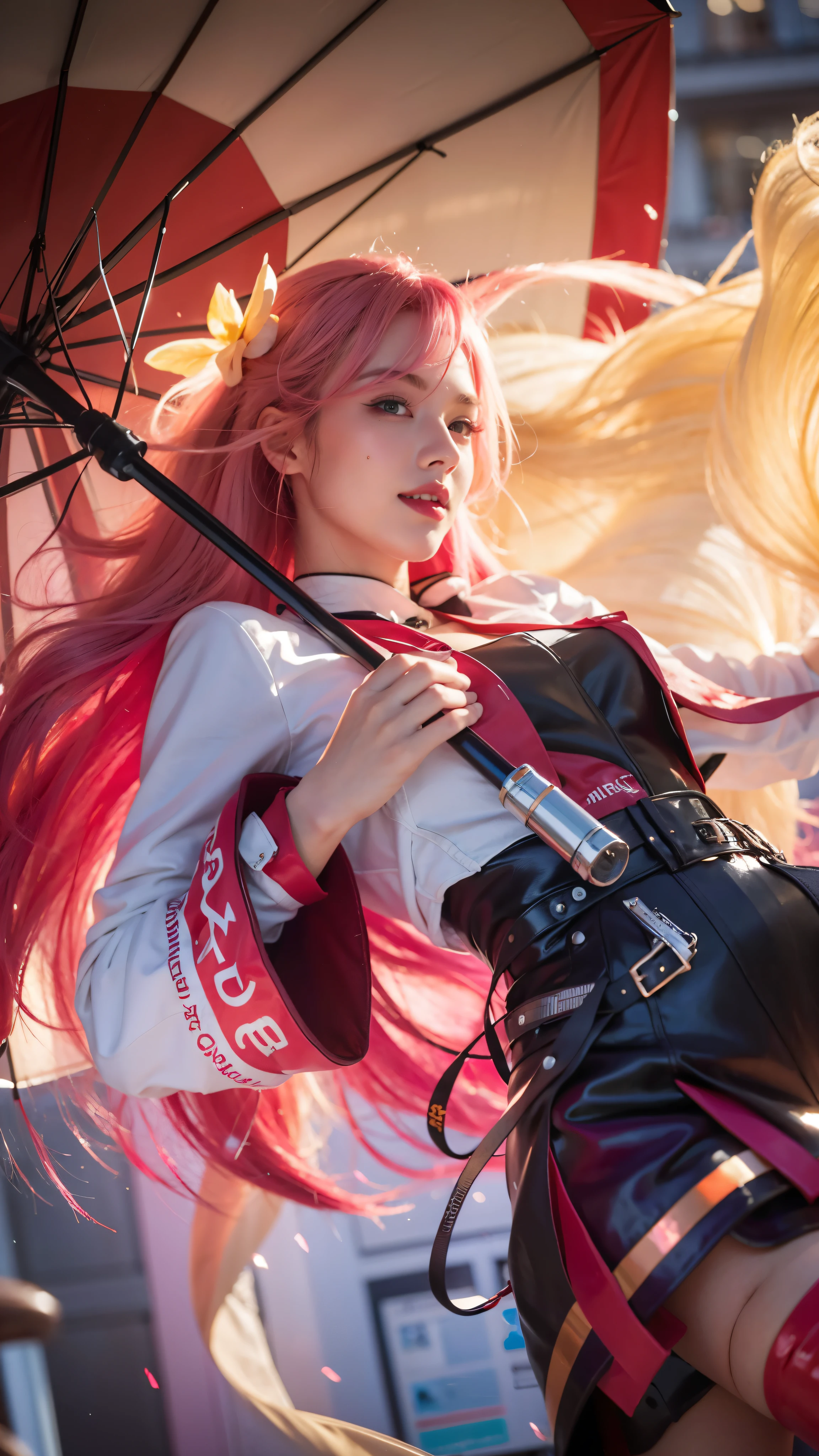girl with pink hair holding a umbrella, red lips glossy, 8k, ultra hd, ultra detailed texture, hyper realistic, masterpiece, detailed texture, detailed face, detailed skin, detailed lighting, (photorealistic:1.5), best quality, beautiful lighting, cinematic lighting, professional lighting, ultra highres, realistic, detailed hair, real hair, high quality, (realskin:1.5), extremely detailed, finely detail, ultra-detailed, smile