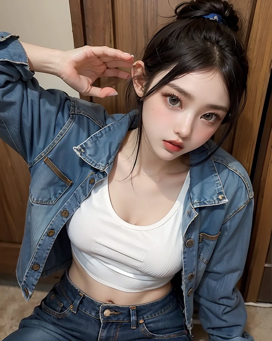 （Hyper Real）， （illustratio）， （A high resolution）， （8K）， （The is very detailed）， （Most Best Illustration）， （beatiful detailed eyes）， （best qualtiy）， （ultra - detailed）， （tmasterpiece）， （Meticulously cleansed face）， Beds， Dog crawling style， ssmile， plumw，独奏，Sexy revealing girl， Wearing sweat，dog collar，torn laundry，18 forbidden