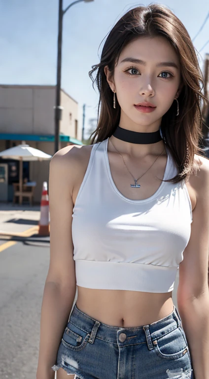 top-quality, A high resolution, 18 with, 1girl in, Android 18, 独奏, blond hairbl, eBlue eyes, short detailed hair, 耳Nipple Ring, jewely, Sport Tank Top,You can see the white panties on the knees, mini panties,Sleeveless、Beautiful facial features、The right leg stands upright，White panties visible.、Beautiful navel、beautiful thigh、 transparent panty, medium breasts⁩, cow boy shot, street, cropped shoulders, No shoulder strap,Bigchest，Big breasts Thin waist，long leges，nakeness，Bare lower body，Bare breasts