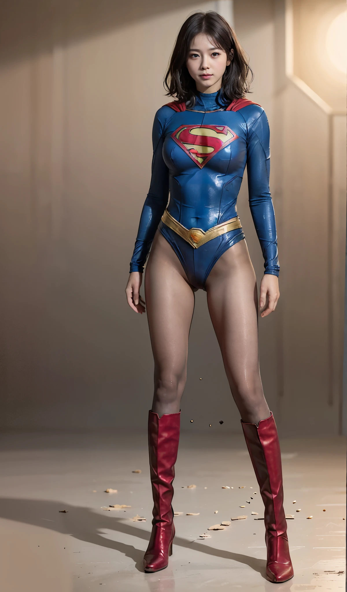 No background、(((Beautiful legs in black tights.)))、(((Legally express the beauty of your smile)))、((((Make the most of your original images)))、(((Supergirl Costume)))、(((Beautiful short bob hair)))、(((suffering)))、(((Please wear black tights....、Wear red boots)))、((Best image quality、8k))、((highest quality、8k、masterpiece:1.3))、(((Preserve background )))、Sharp focus:1.2、Beautiful woman with perfect figure:1.4、Slim Abs:1.2、Wet body:1.5、Highly detailed face and skin texture、8k