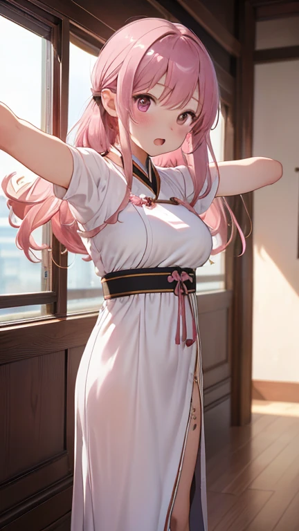 masterpiece、highest quality、Very detailed、Photograph the upper body、1 female、(Put your arms behind your back:1.4)、Are standing、Turn your body forward、View your viewers、(Hanfu)、break,blush、shy、Pink Hair、Open your mouth、Chinese restaurant、Big Breasts、