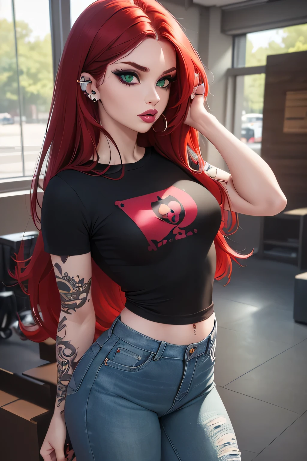 ((Solo)) ((Masterpiece)) ((High Quality)) ((Perfect Face)) ((Beautiful)) ((Crimson Hair)) ((Long Hair)) ((Cute Nose)) ((Green Eyes)) ((Pale Skin)) ((Black Tee Shirt)) ((Tight jeans)) ((Full lips)) ((Natural Light)) ((Small Breasts)) ((Athletic Figure)) ((Punk Girl)) ((Tattoos)) ((Dark Makeup)) ((Piercings))