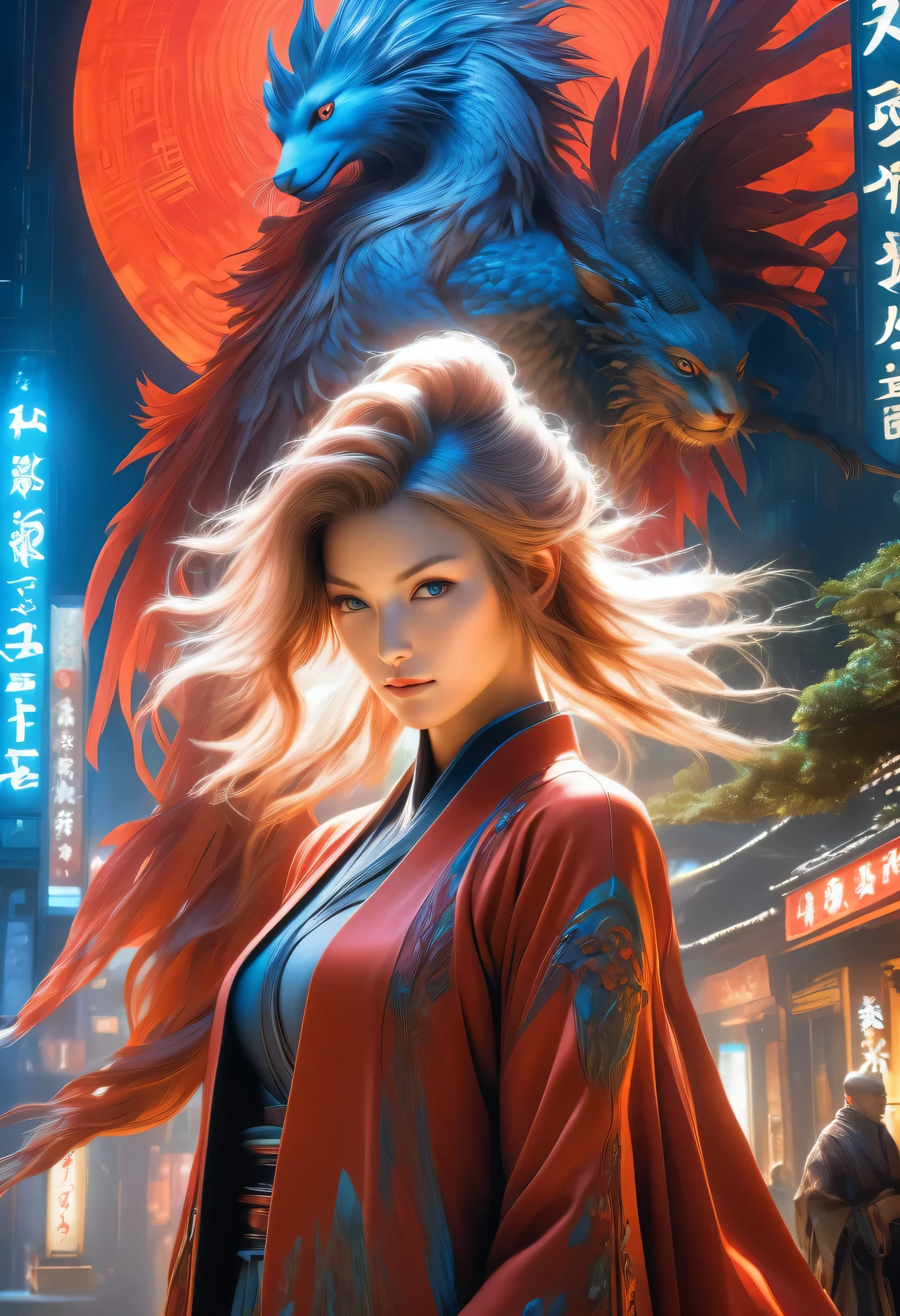 best quality,4k,8k,highres,masterpiece:1.2,ultra-detailed,realistic:1.37,HDR,UHD,studio lighting,ultra-fine painting,sharp focus,physically-based rendering,(Yoshitaka Amano style:1.1),SFW,(safe for work), A nordic woman and her guardian familiar, mystical creature,otherworldly creature,enchanting companions,wearing stylish futuristic clothes,inspired by Phantasy Star Online,wide angle, dynamic poses, (The woman, with her eyes brightly colored, no makeup and her nordic facial features elegantly detailed, adding to her allure. Dressed in elegant casual clothes with a stylish futuristic jacket.), (She is accompanied by a guardian, a Raijin and Fujin mixed creature with exquisite appearance features resembling a Persona. The creature's presence adds a sense of wonder and magic to the scene.), (The woman and her companion stand in a dark and gothic city, a modern metropolis with surreal plants, and vibrant signs. The colors are vibrant, with a mixture of olives, browns, and pale reds creating a dreamlike atmosphere.), (The lighting is soft but illuminating, casting a gentle glow on both the woman and the creature.), (The overall composition has a realistic and photorealistic quality, capturing the essence of the scene in intricate detail.), (The art style is inspired by Yoshitaka Amano, known for his ethereal and otherworldly illustrations. The combination of realistic elements with the artist's unique style creates a captivating and visually stunning image.),Greg Rutkowski