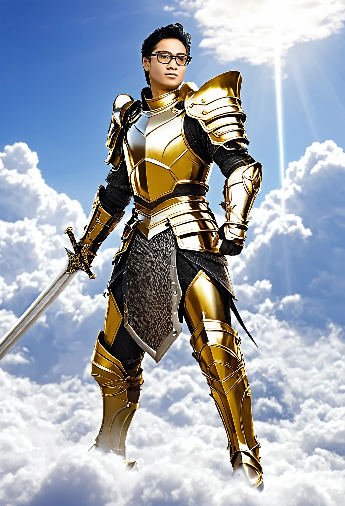 (black hair:1.1, clean-shaven:1.1), (golden armor:1.1), (sword in hand:1.1), (glasses:1.1), (flying in the clouds:1.1)