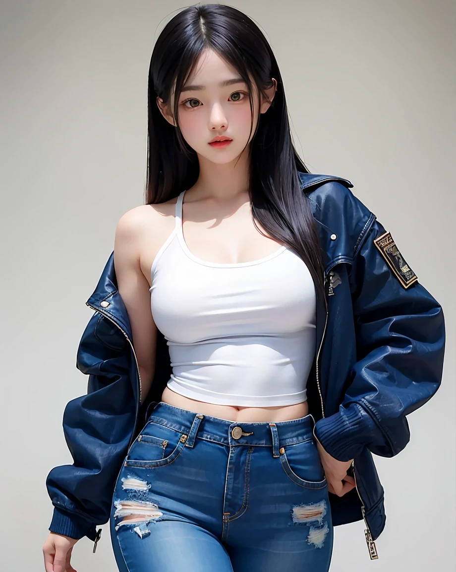 (masterpiece, highest quality:1.2), 1 girl, alone , sexy , Blue jacket , cutoff jeans , (Cowboy Shot) , Black Hair , White top(((Big Breasts))),Narrow waist