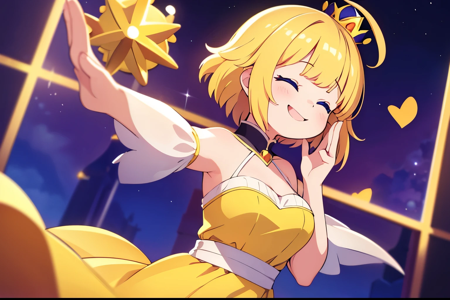 1girl, full body portrait, wearing yellow dress, crown, princess, flat chested, (young adult), (tall), short blonde hair, heart shaped bangs, spiky hair, ahoge, blue eyes, smiling, [laughing], eyes closed, mouth open, masterpiece, 4k