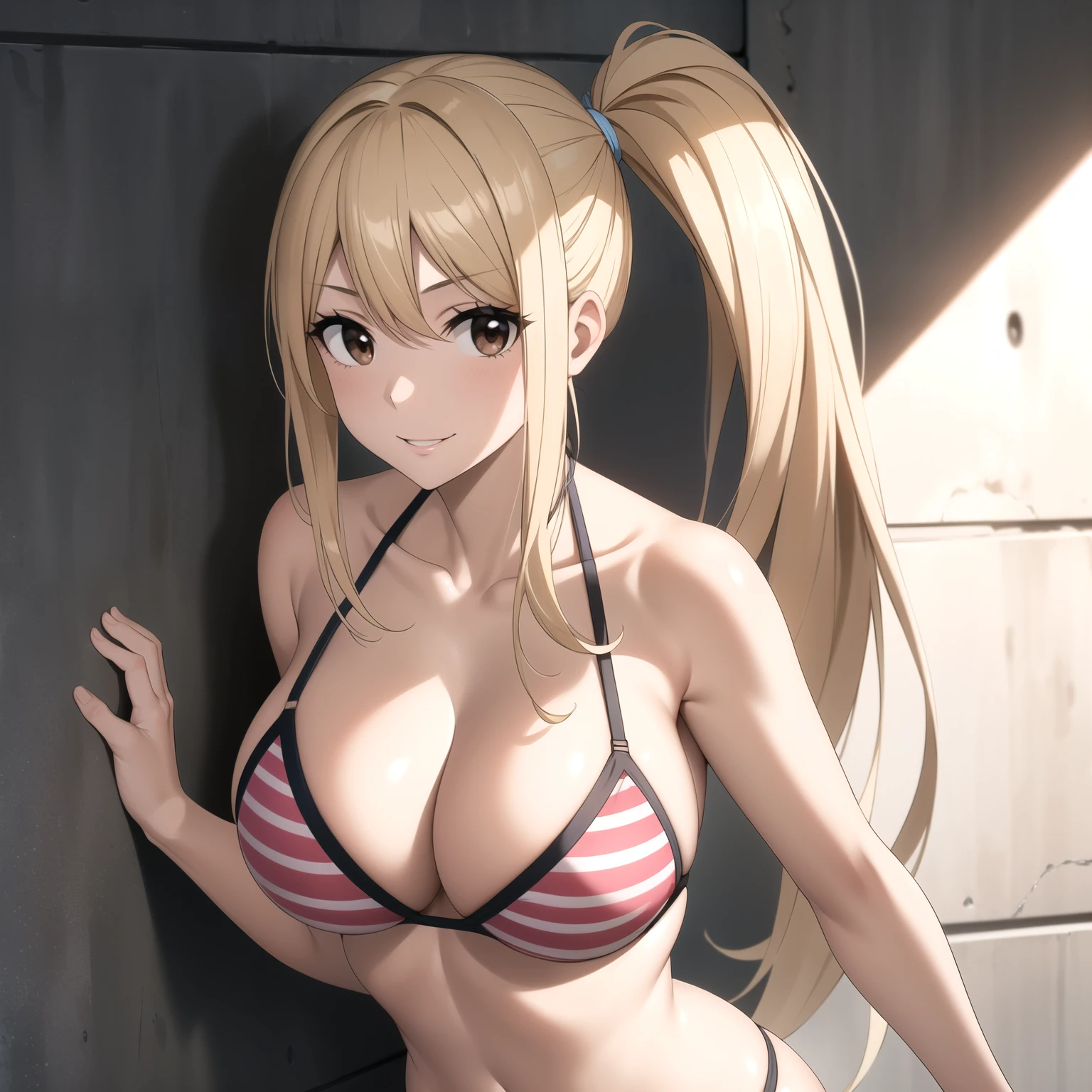 Lucy Heartfilia, mujer. cabello rubio, Brown eyes, pechos grandes, sonrisa coqueta, bikini rosado sexy, manos en la cabeza. apoyada en una pared,  facing the camera excellent lighting,  bikini rosado sudor en su cuerpo. manos perfectas.