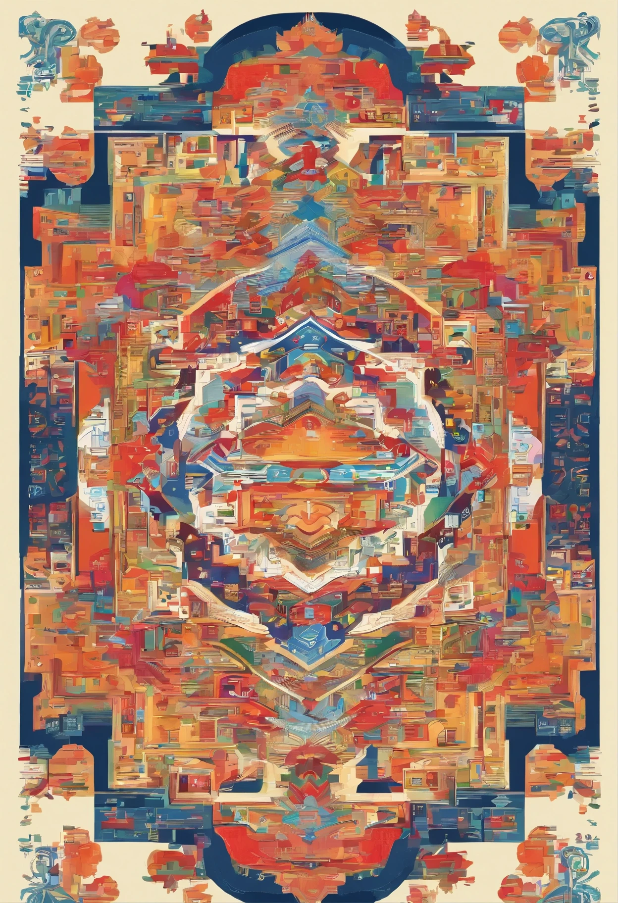 Help me generate a Mongolian-style,Representative buildings,The screen will(Yurt、Jokhang Temple、mosque、Mongolian characteristic patterns)A painting that blends together,The colors should not be too bright、Be abstract、Has a sense of space、Three-dimensional
