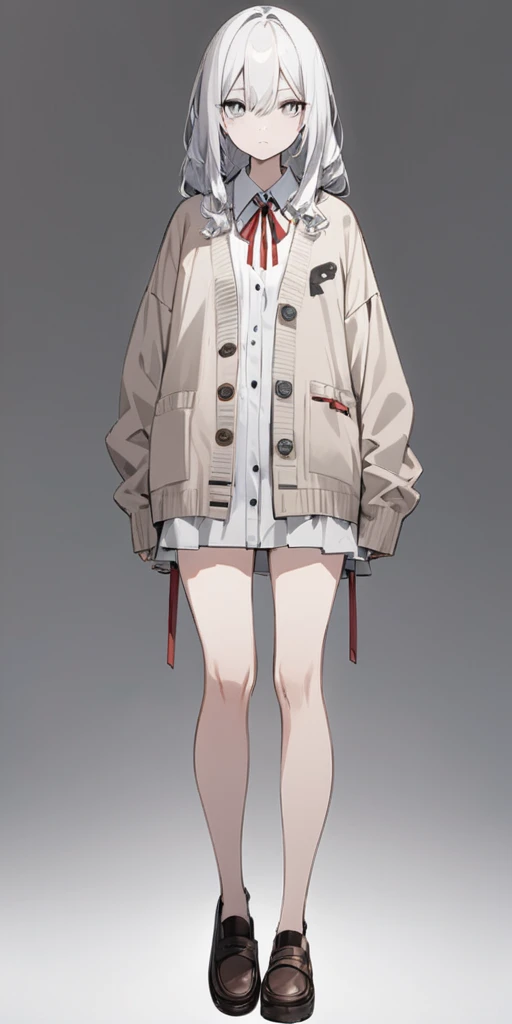 ((casual-style)), 1girl, solo, white hair, shirt, red ribbon, ribbon, looking at viewer, long hair, full body, white eyes, white shirt, grey eyes, hair between eyes, neck ribbon, collared shirt, cardigan, closed mouth, expressionless, jacket, simple background, frills, bangs, white background, long sleeves