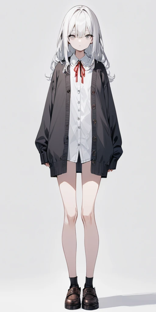 ((casual-style)), 1girl, solo, white hair, shirt, red ribbon, ribbon, looking at viewer, long hair, full body, white eyes, white shirt, grey eyes, hair between eyes, neck ribbon, collared shirt, cardigan, closed mouth, expressionless, jacket, simple background, frills, bangs, white background, long sleeves