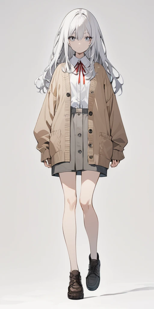 ((casual-style)), 1girl, solo, white hair, shirt, red ribbon, ribbon, looking at viewer, long hair, full body, white eyes, white shirt, grey eyes, hair between eyes, neck ribbon, collared shirt, cardigan, closed mouth, expressionless, jacket, simple background, frills, bangs, white background, long sleeves