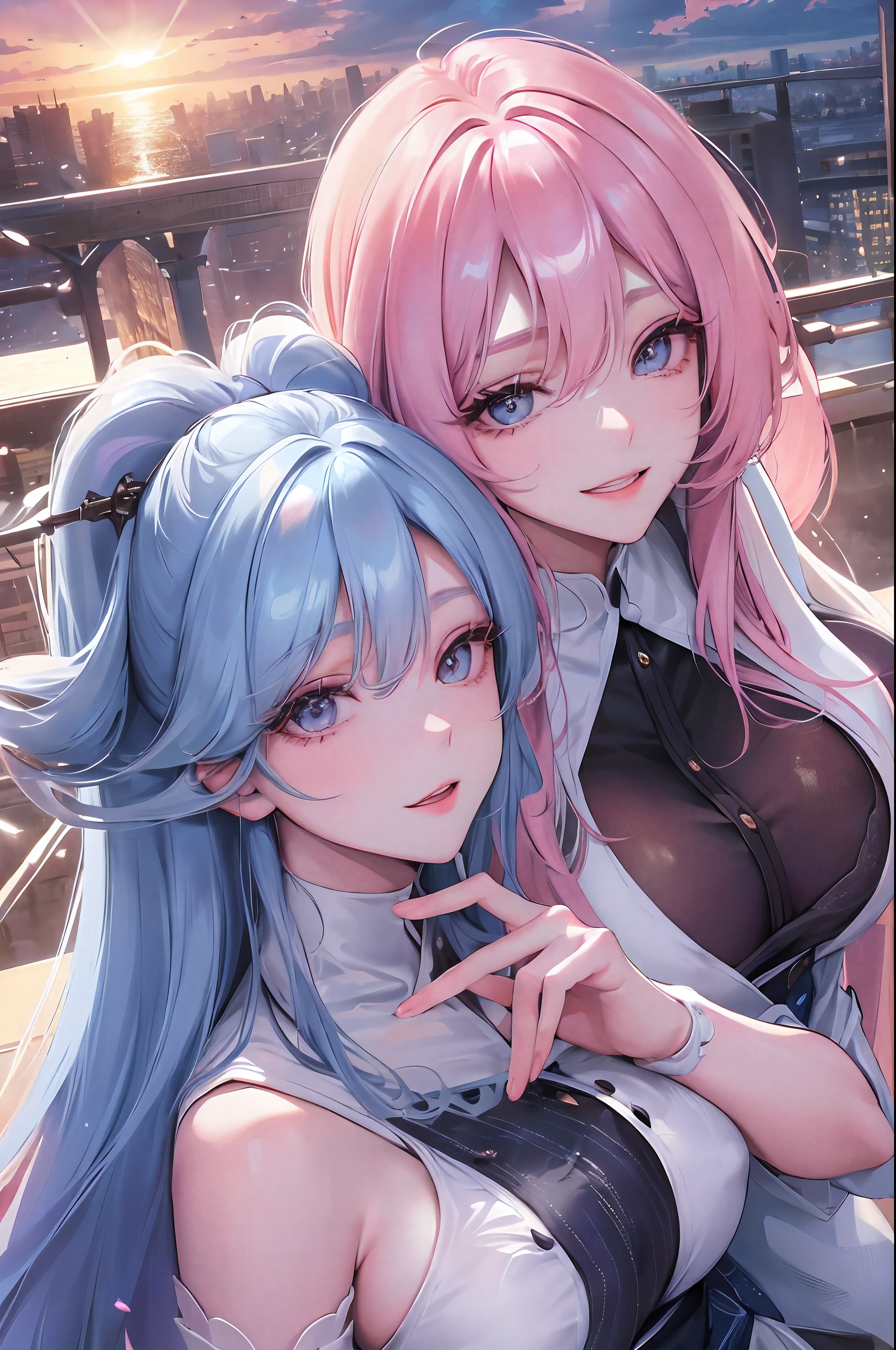 Official art, masutepiece, Sharp Focus, (Beautiful gorgeous and lovely korean woman: 1.3), (Beautiful and nice Koreans: 1.3), Korean Beauty, Delicate and beautiful hair eyes and face, Realistic, super detailed, Beautiful Girl, Blue sky, Bright white particles, (side lights:1.2), Sunlight, white clouds, Fine clouds, slim, Cute Big, Big ass, grin, ((Eyes open when you laugh)), landscape, Long straight hair, sexy expression, Buildings, (City view: 1.7), Dynamic Hair, Long straight hair, Delicate platinum-pink hair, shiny blue eyes, pale skin, Hair dotted with magnificent landscapes, Anime 8k Succubus Dark Big Tits Big Tits Big Tits Big Nipples Big Areola Devil Beauty Beautiful Girl Hell Magma