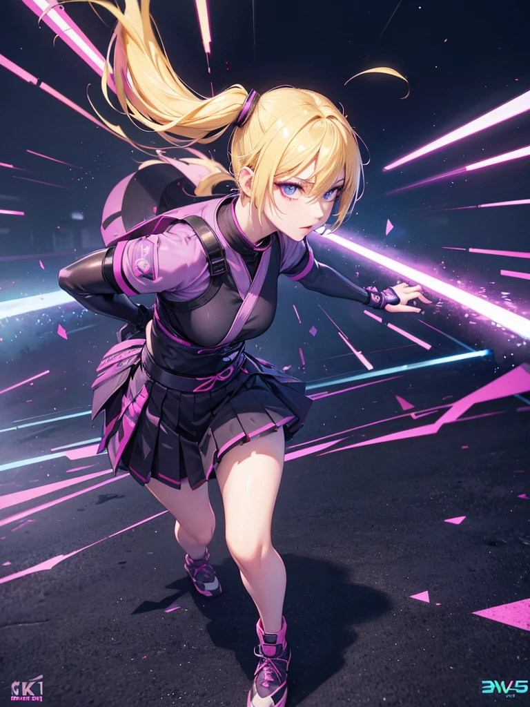 8k, (Full Body Portrait) ,masterpiece、Realistic:1.2, Realistic, Ultra-high resolution, highest quality, (Solo, 1girl), (Masterpiece, Detailed, 4k), perfect face, perfect lips, perfect makeup, dark eyeshadow, Unreal Engine 5, (Full Body Portrait), absurd resolution, high resolution, sharp image, vibrant colors, Synthwave colors, Vaporwave colors, ((Female Ninja)) with blonde hair, two ponytails in hair, pleated skirt, neon lights, night sky, neon city, katana, shuriken, kunai leg straps