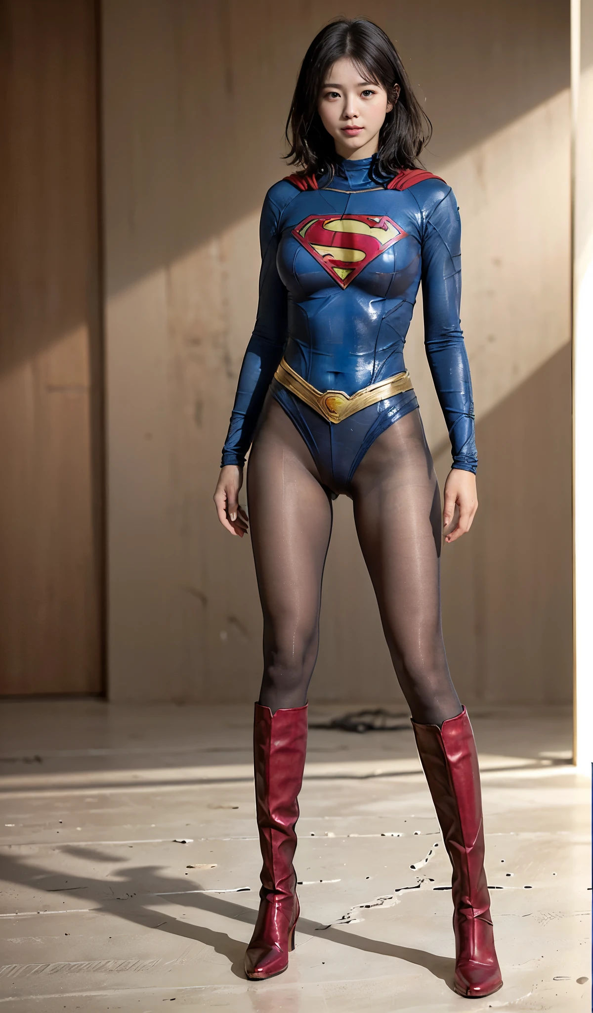 No background、(((Beautiful legs in black tights.)))、(((Legally express the beauty of your smile)))、((((Make the most of your original images)))、(((Supergirl Costume)))、(((Beautiful short bob hair)))、(((suffering)))、(((Please wear black tights....、Wear red boots)))、((Best image quality、8k))、((highest quality、8k、masterpiece:1.3))、(((Preserve background )))、Sharp focus:1.2、Beautiful woman with perfect figure:1.4、Slim Abs:1.2、Wet body:1.5、Highly detailed face and skin texture、8k