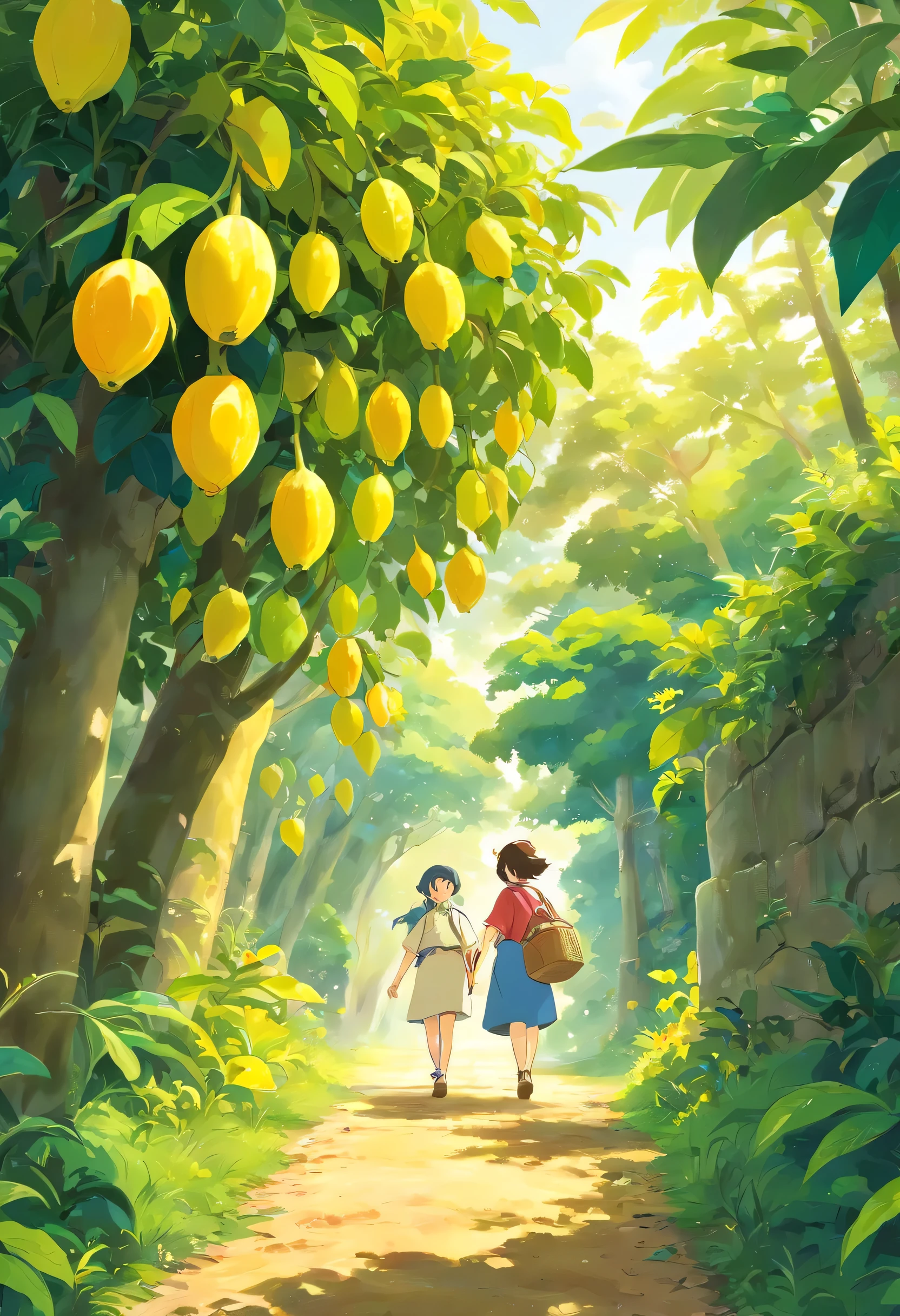 (high quality, detailed, high resolution), vibrant yellow star fruit, dirt road, star fruit, roadside grass, sunshine, fresh fruits, bountiful harvest, lush greenery, tropical atmosphere, rustic beauty