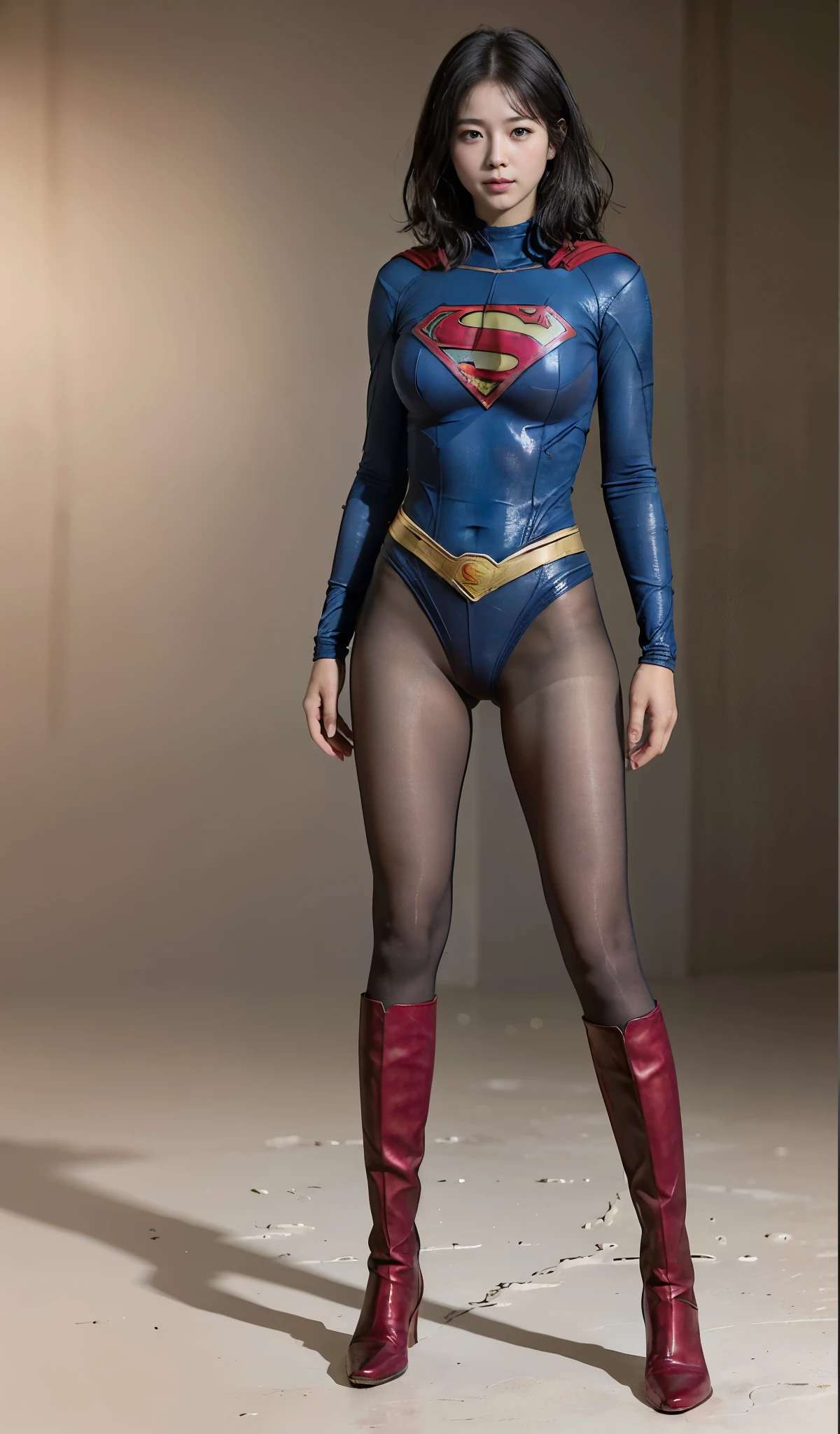 No background、(((Beautiful legs in black tights.)))、(((Legally express the beauty of your smile)))、((((Make the most of your original images)))、(((Supergirl Costume)))、(((Beautiful short bob hair)))、(((suffering)))、(((Please wear black tights....、Wear red boots)))、((Best image quality、8k))、((highest quality、8k、masterpiece:1.3))、(((Preserve background )))、Sharp focus:1.2、Beautiful woman with perfect figure:1.4、Slim Abs:1.2、Wet body:1.5、Highly detailed face and skin texture、8k