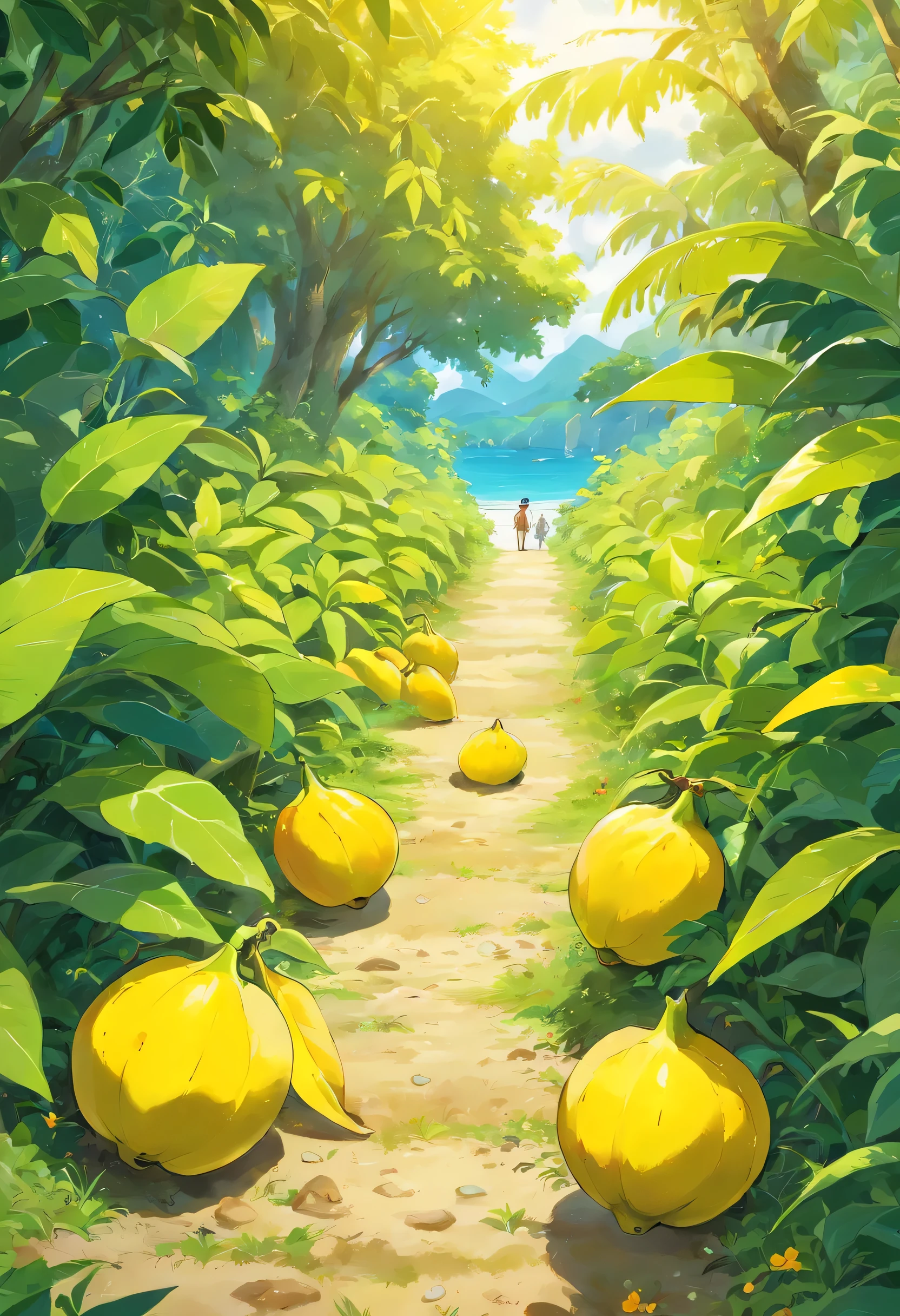 (high quality, detailed, high resolution), vibrant yellow star fruit, dirt road, star fruit, roadside grass, sunshine, fresh fruits, bountiful harvest, lush greenery, tropical atmosphere, rustic beauty