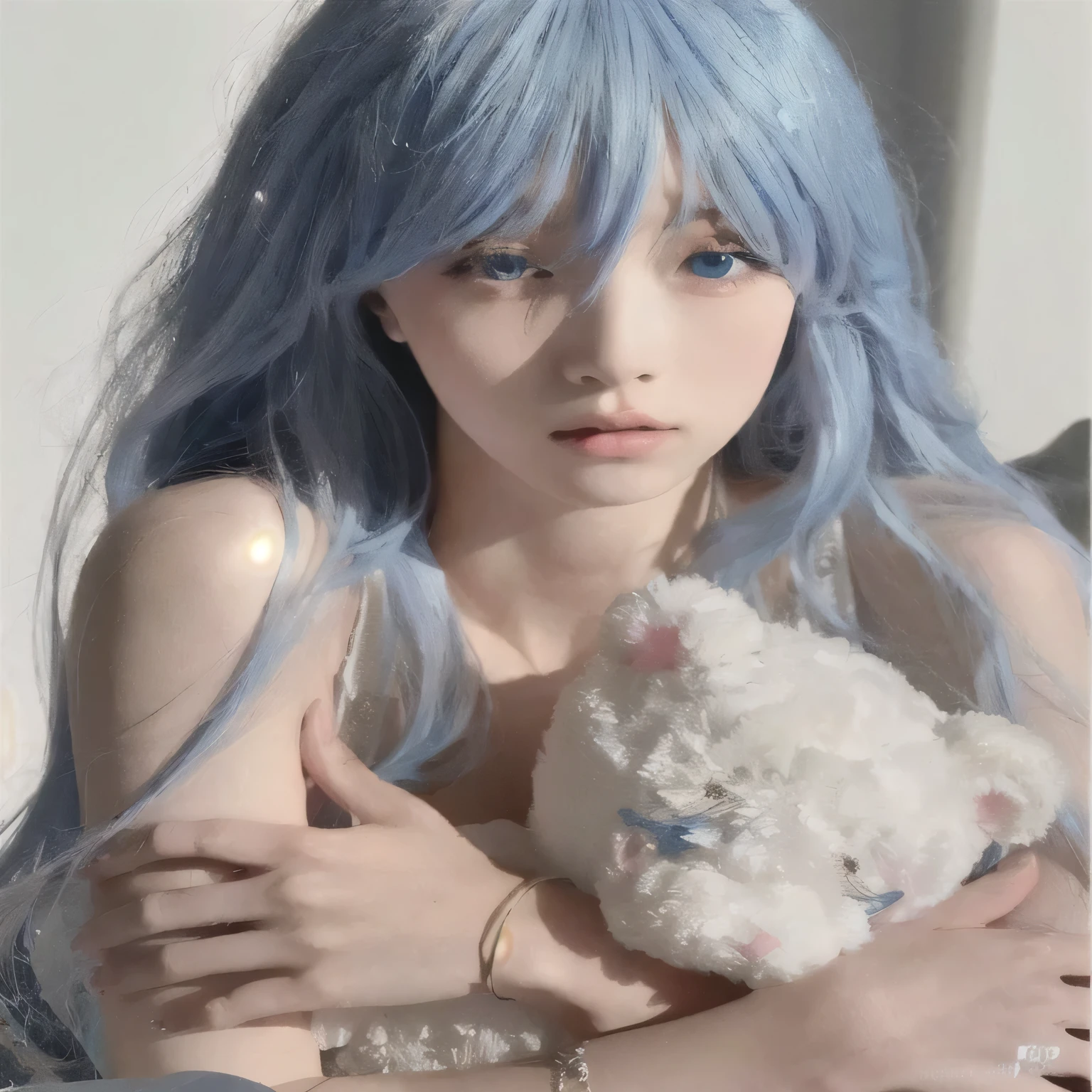 arafed woman con pelo azul holding a teddy bear, pelo liso azul cielo, hermosa chica de pelo azul, pretty girl con pelo azul, ulzzang, chica anime cosplay, pelo liso azul cielo, long pelo azul que fluye, pelo azul claro, con pelo azul, pelo largo y blanco y flequillo, con el pelo largo y blanco, pelo azul que fluye, pale blue skin