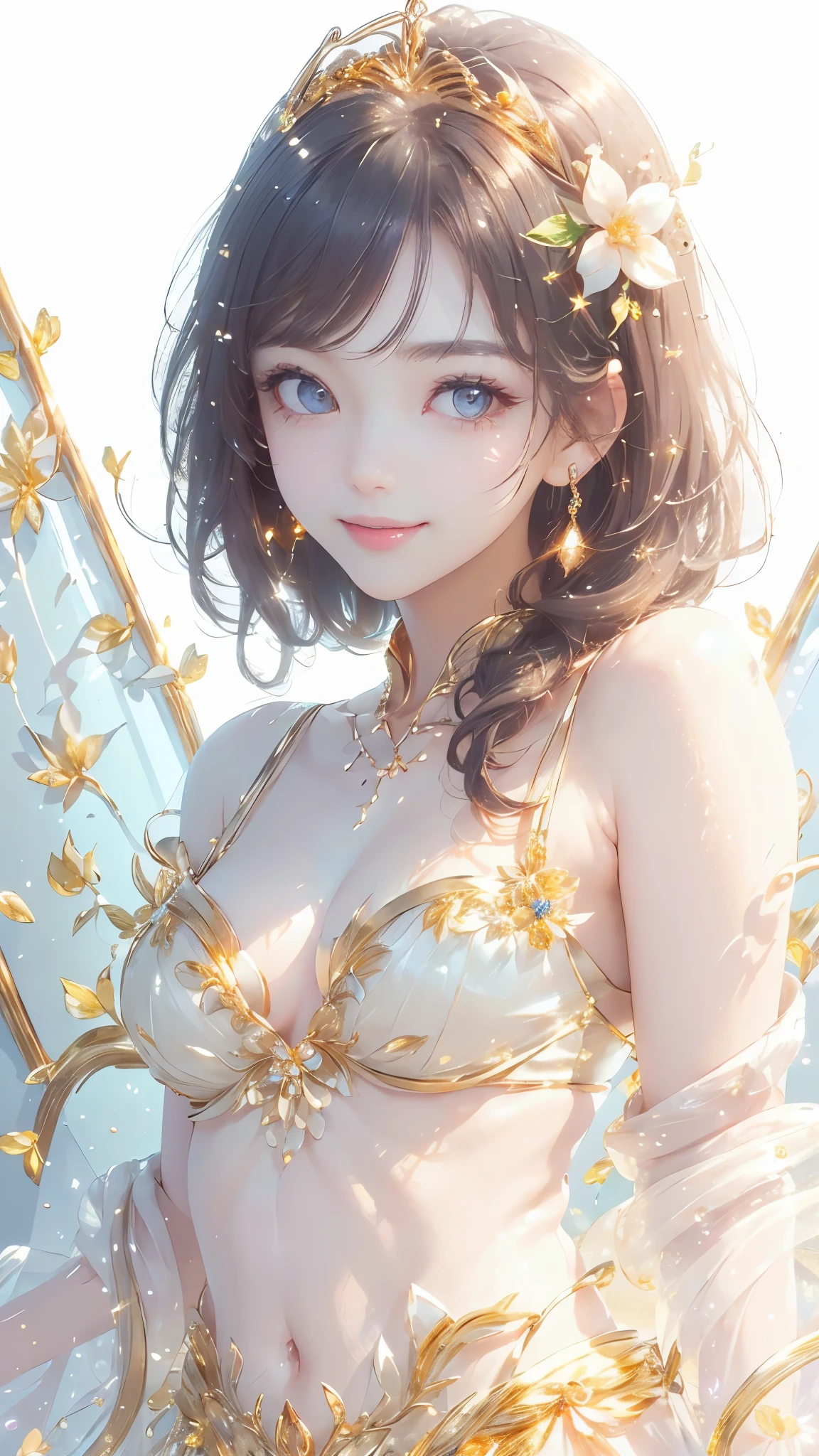 (masterpiece、highest quality、highest quality、Beautiful and beautiful:1.2)、(Good anatomy:1.5)、Focus on the eyes、Painting of a girl with milky white hair、Golden Princess Costume、Jewelry Tiara，Adorable smile、looking at the camera、Diffuse reflection of light、Gold flower，Silver Flower，Pearl Light