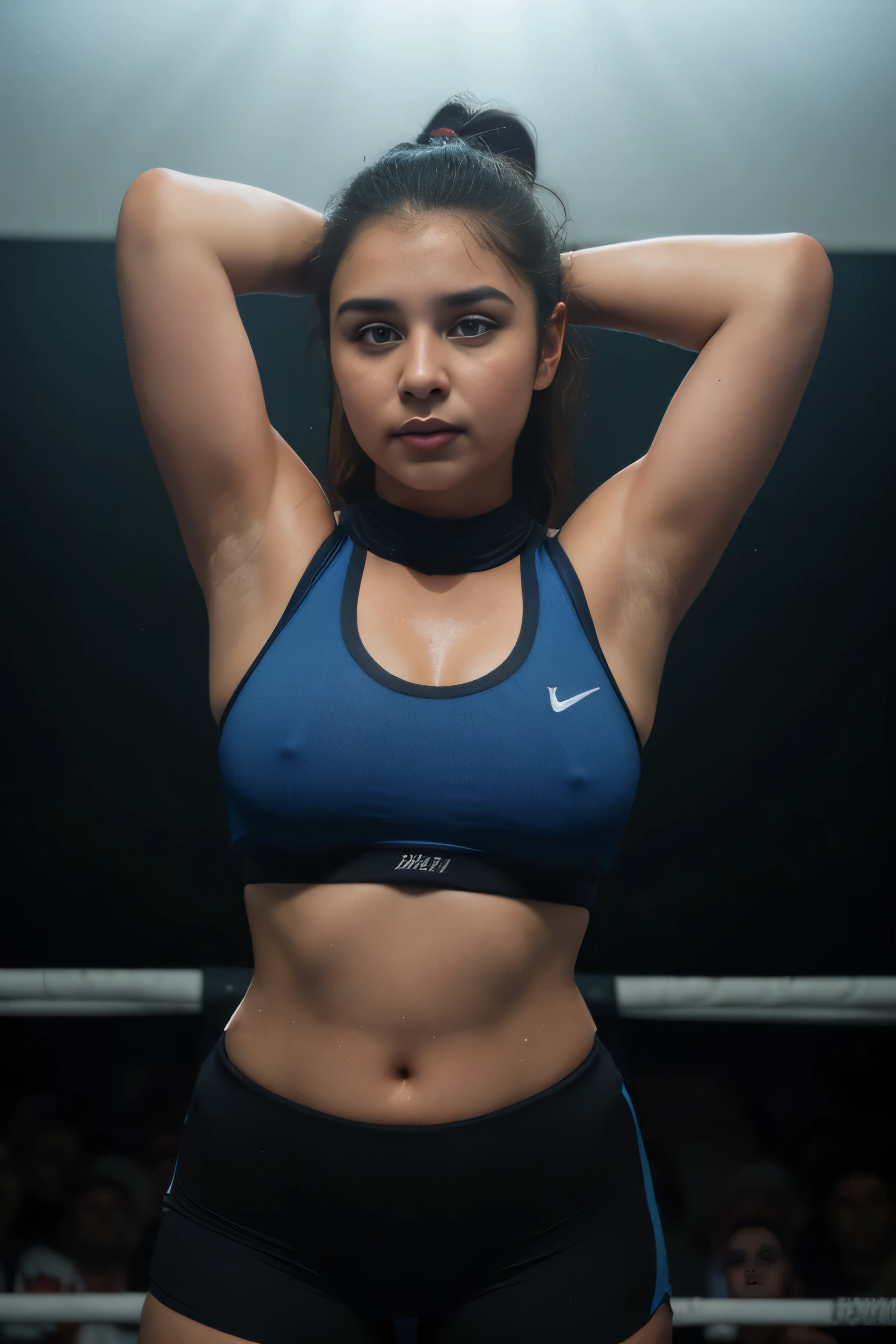 Looks like Alia Bhatt,slightly chubby,wearing black boxing gloves,black boxing gloves,boxing ring,sweaty,tired,exhausted,arms raised,both arms up,boxing gloves on both hands, intricate details,dark blue outfit,(ArtStation:1.2),armpits,sweat,sweaty,sweaty armpits,arms up,showing armpits,awesome armpits,eyeroll,blue outfit,blackish blue arm warmers,blue arm bands