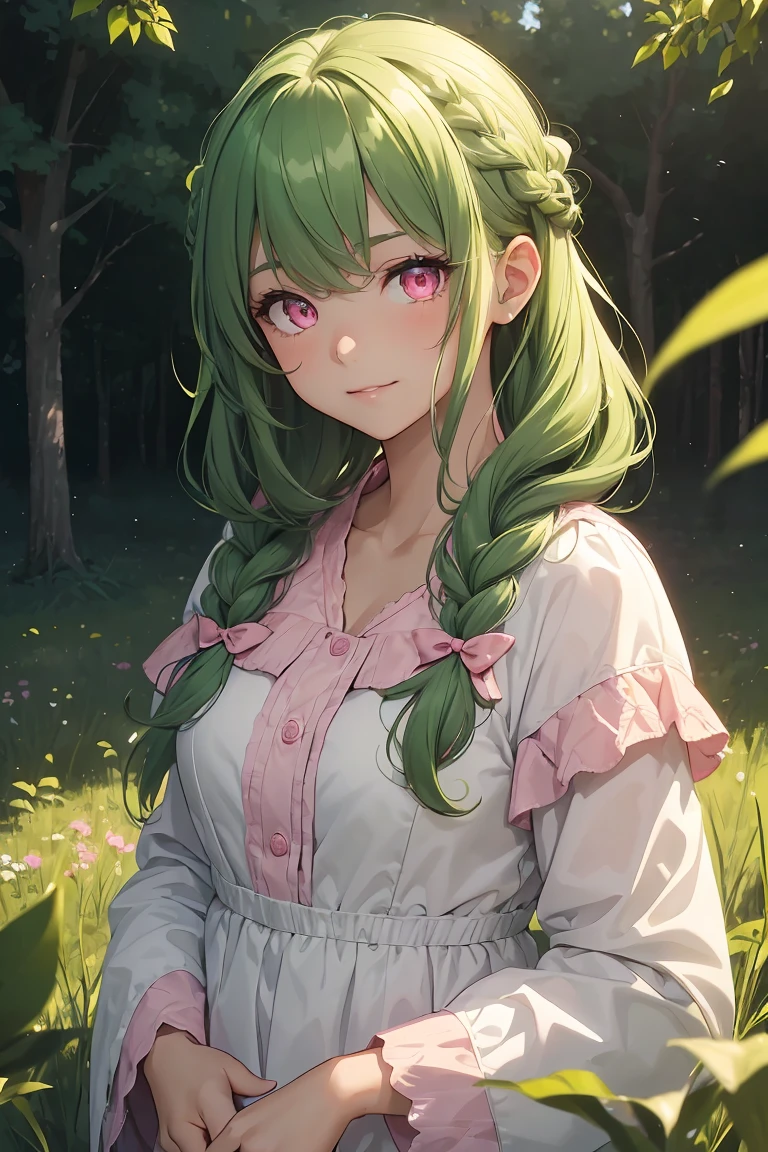 ((1 girl)), Trending clothes,Soft and fluffy, Farmer, agricultural work, Rural Scenery, field, Cowboy Shot,((Very detailed,highest quality, High resolution, 8k wallpaper, Beautiful clothes,)),((Green Hair, Medium Hair, Loose Curly Hair, Braided hair)) , (bright yellow-green eyes), (teeth), Grinning face, eye shadow, eyeliner,Glow Eye, Very detailedな目, Sharp eyes, Beautiful Eyes, ((Glowing pink eyes)),18-year-old girl.