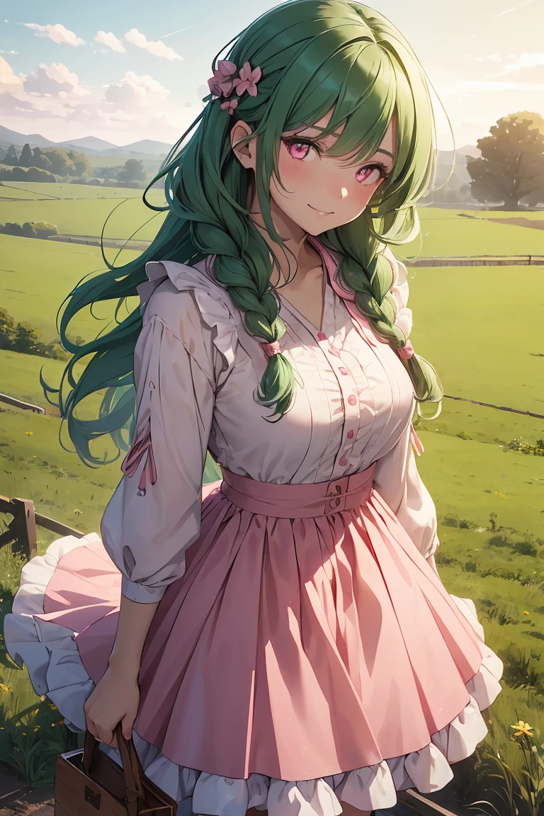 ((1 girl)), Trending clothes,Soft and fluffy, Farmer, agricultural work, Rural Scenery, field, Cowboy Shot,((Very detailed,highest quality, High resolution, 8k wallpaper, Beautiful clothes,)),((Green Hair, Medium Hair, Loose Curly Hair, Braided hair)) , (bright yellow-green eyes), (teeth), Grinning face, eye shadow, eyeliner,Glow Eye, Very detailedな目, Sharp eyes, Beautiful Eyes, ((Glowing pink eyes)),18-year-old girl.