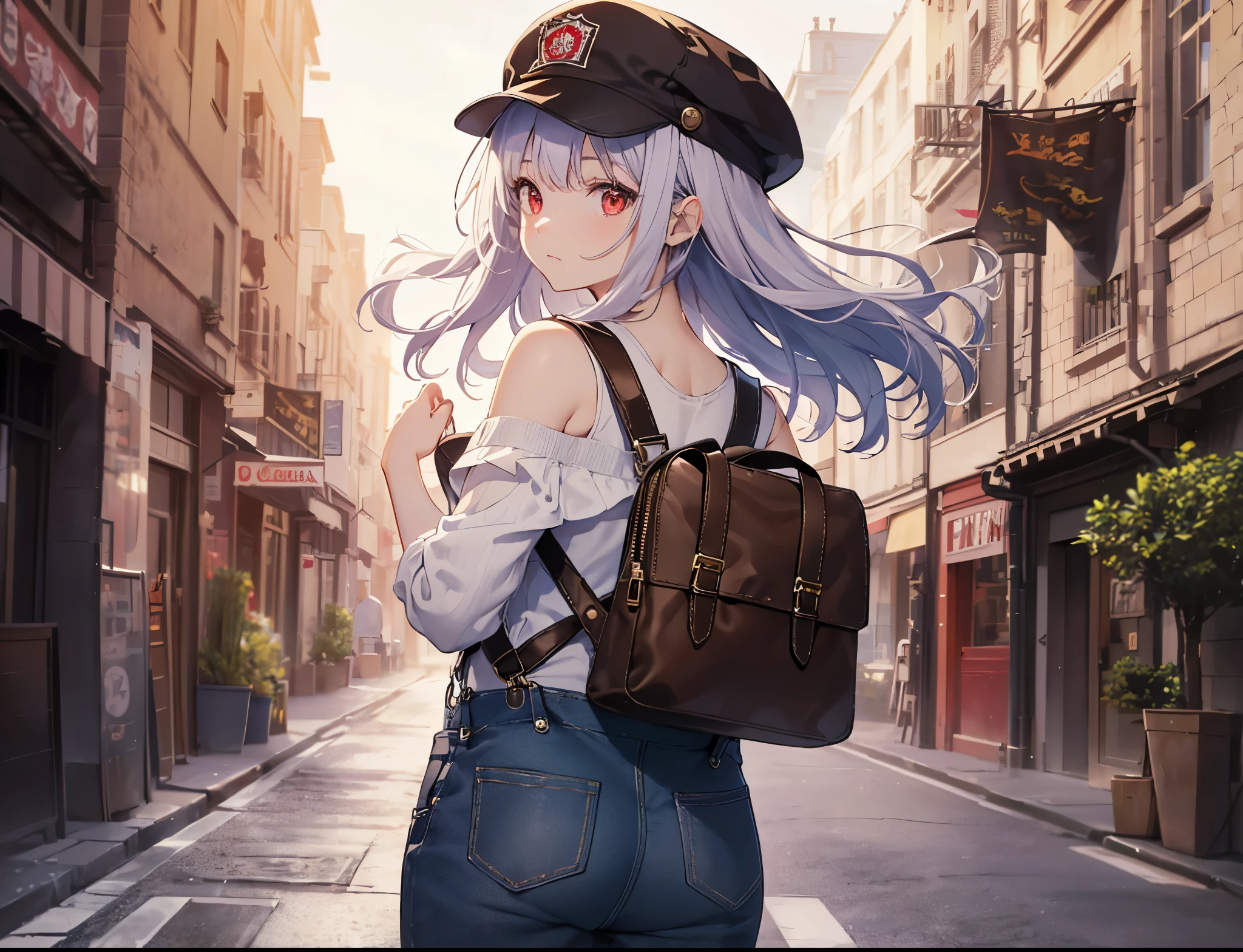 (Close-up:1.3),Realistic,highest quality, Super detailed, High-quality CG rendering, The most delicate and beautiful, Floating softly, High resolution, (1 girl), (highest quality,4K,8k,masterpiece:1.2), Light purple hair,Long Hair,Red eyes,(Brown overalls:1.3),(Pure white cap:1.3),In the city,old buildings,(whole body:1.3),(Turn your back to your audience:1.3),Ass,(Small shoulder bag:1.3),(Brown boots:1.3)