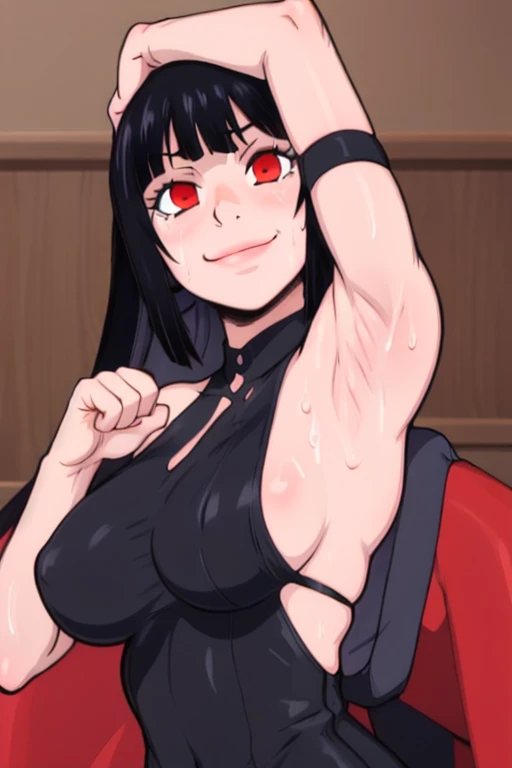 masterpiece, best quality, jabami yumeko, looking at viewer, black long hair, red eyes color, very large breasts, upper body, portrait, looking at viewer, seductive smile,both hands raised, armpits, armpits visible, sweaty armpits,