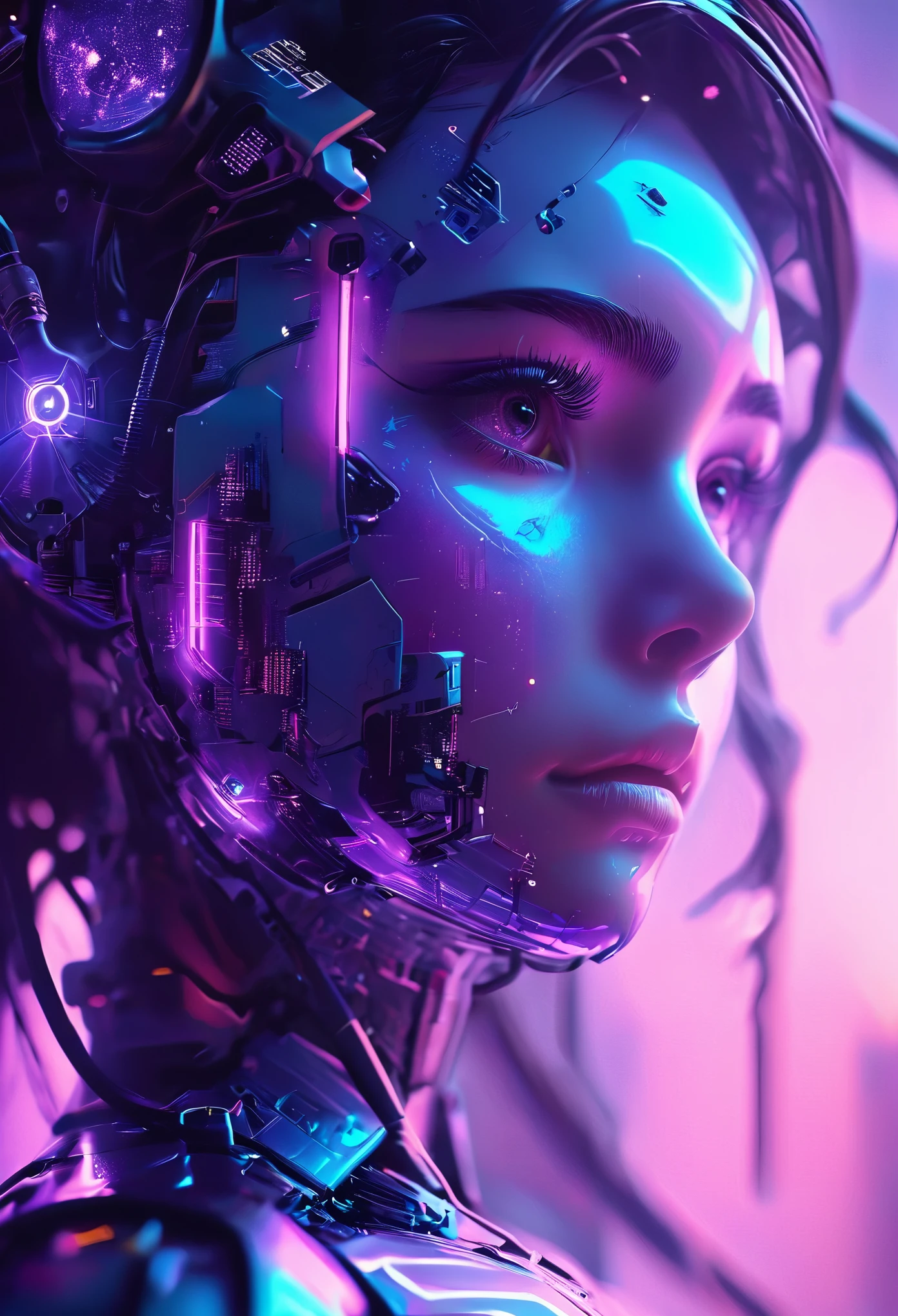 (Future Technology), (Close-up of the mecha face), Blue to purple gradient background, Fantasy space city background, Wonderful light and shadow effects